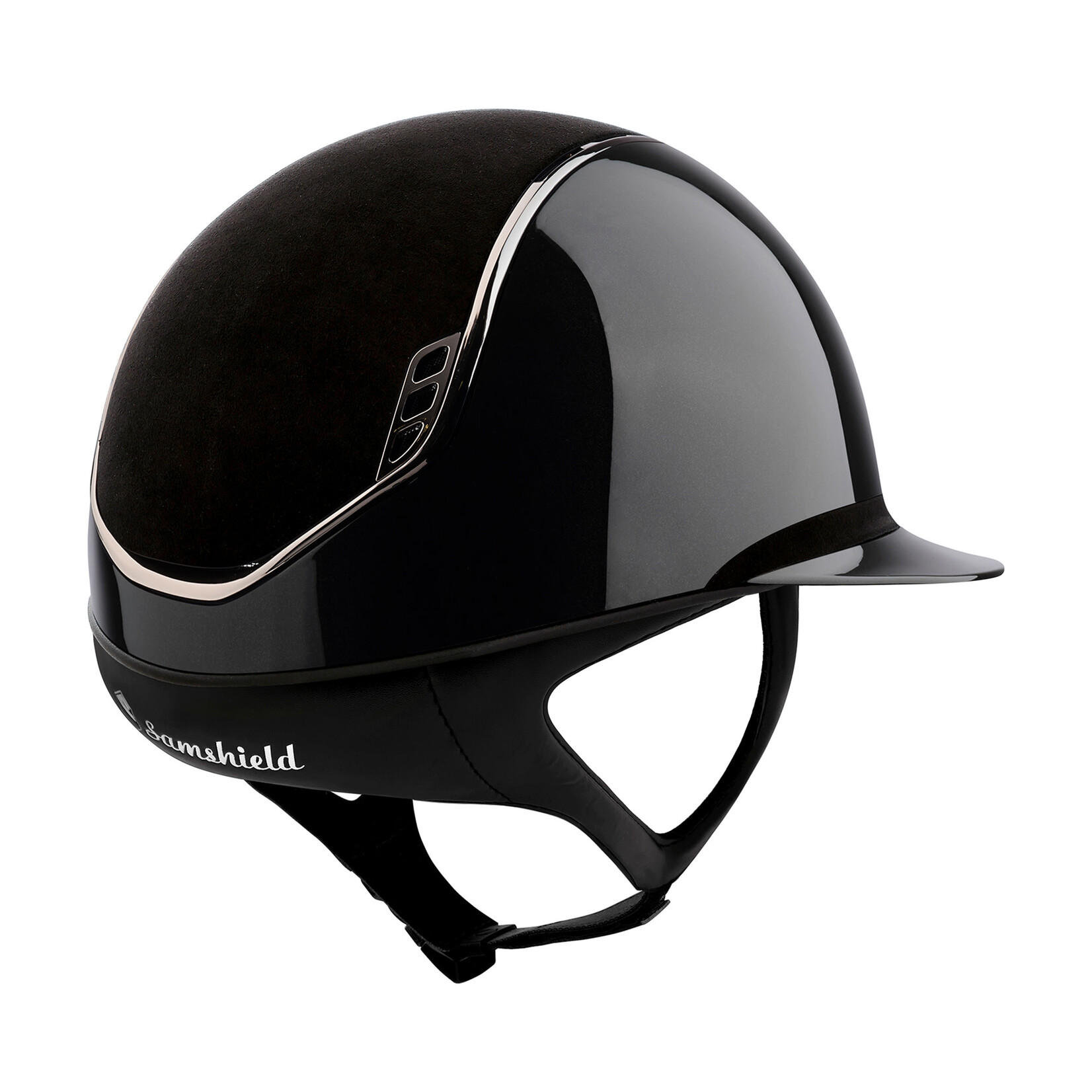Samshield 2.0 #7 Fast Custom Samshield Miss Shield Shadow Glossy Helmet w/ Alcantara Top & Band, Black Chrome Trim & Blazon, Sold as a kit with coordinating liner (sold separately)
