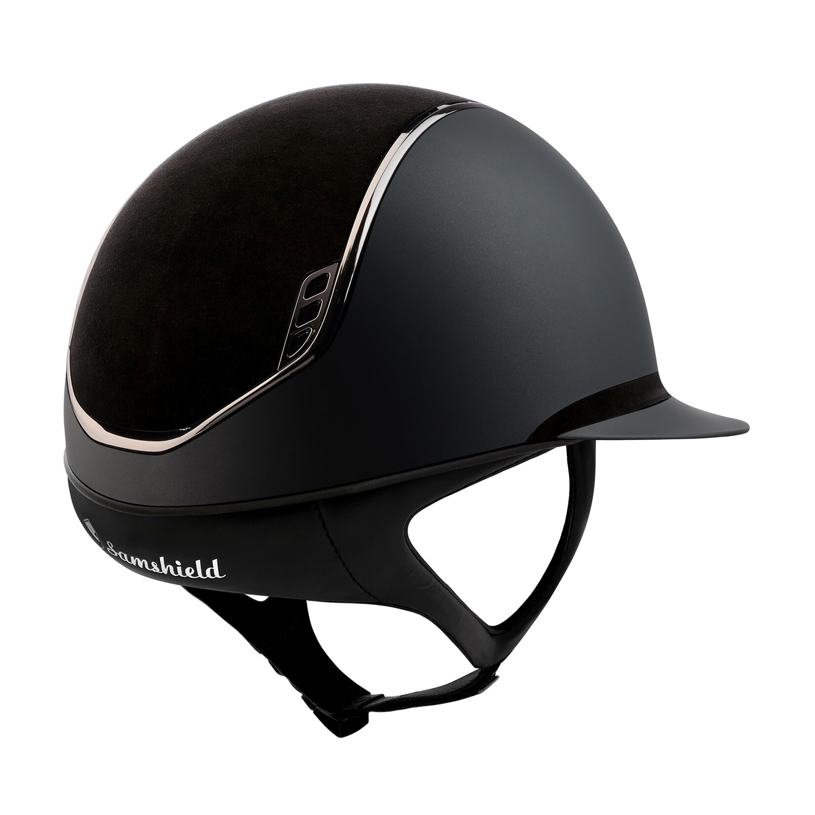 Samshield 2.0 #3 Fast Custom Samshield Miss Shield Shadowmatt Helmet w/ Alcantara Top & Band, Black Chrome Trim & Blazon, Sold as a kit with coordinating liner (sold separately)