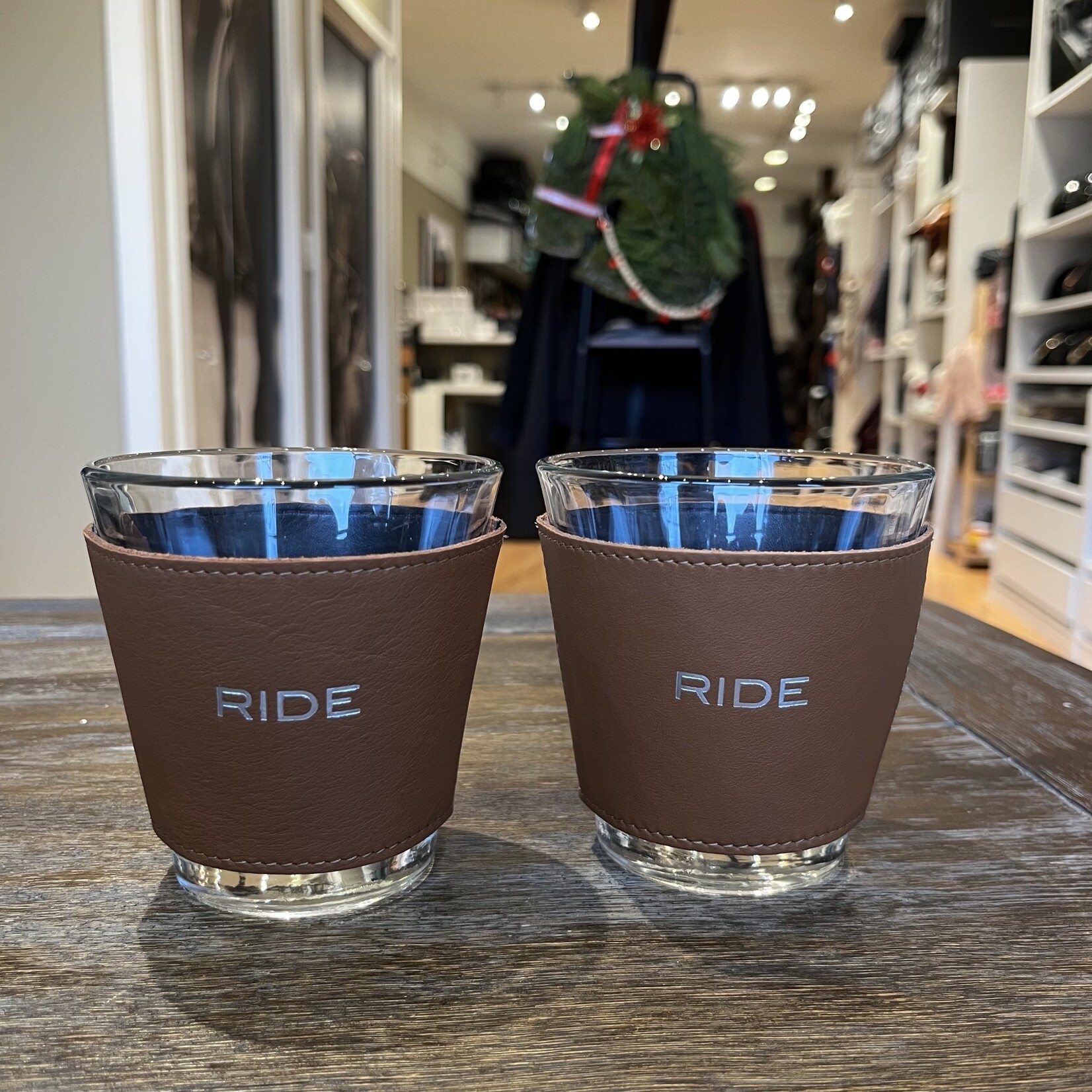 Graphic Image RIDE Printed Leather Wrapped Drinking  Glasses, silver embossed, boxed set of 2