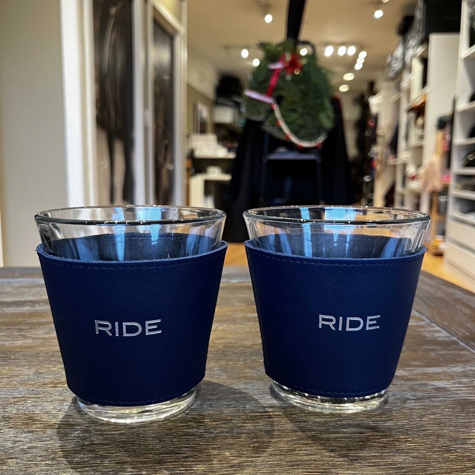 Graphic Image RIDE Printed Leather Wrapped Drinking  Glasses, silver embossed, boxed set of 2