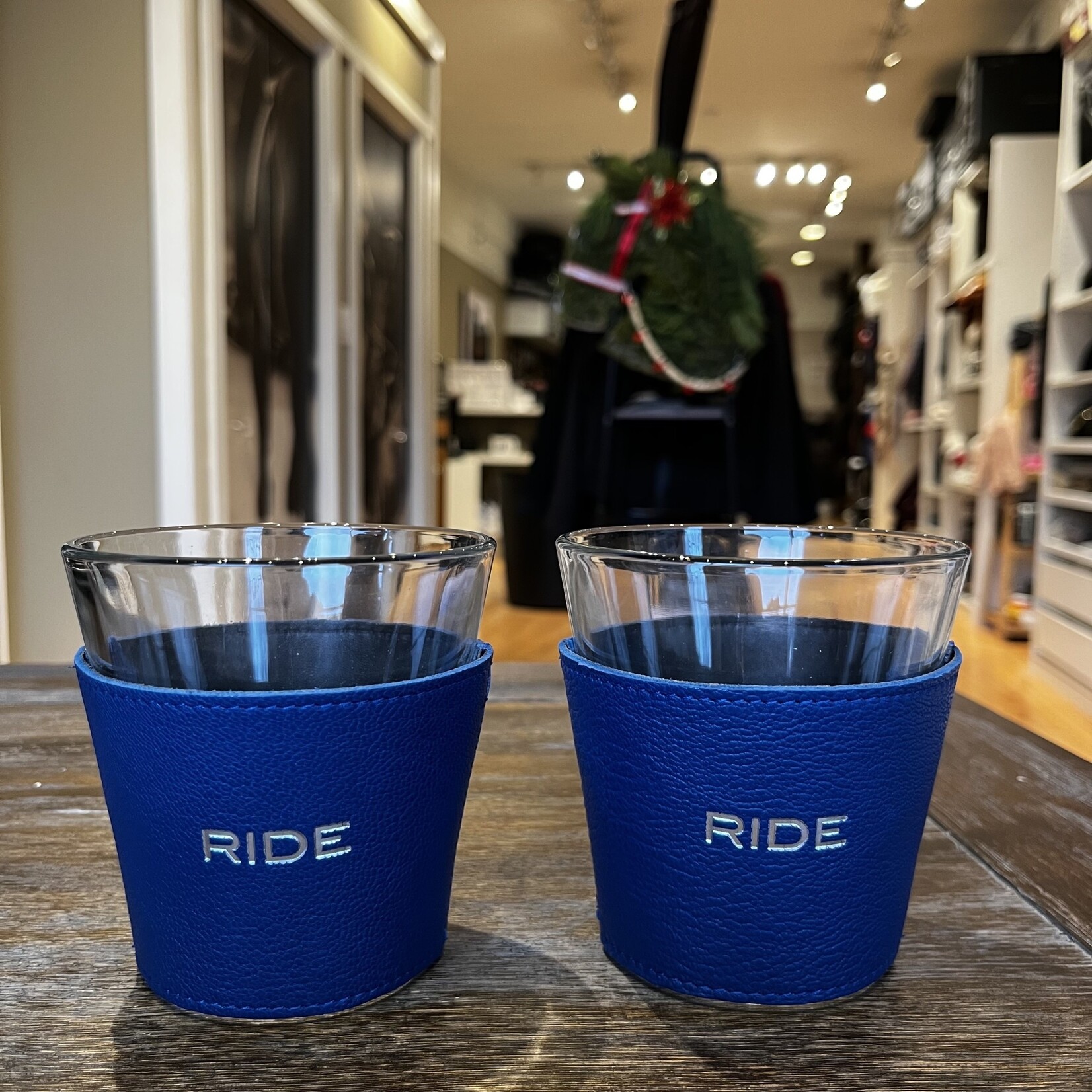 Graphic Image RIDE Printed Leather Wrapped Drinking  Glasses, silver embossed, boxed set of 2