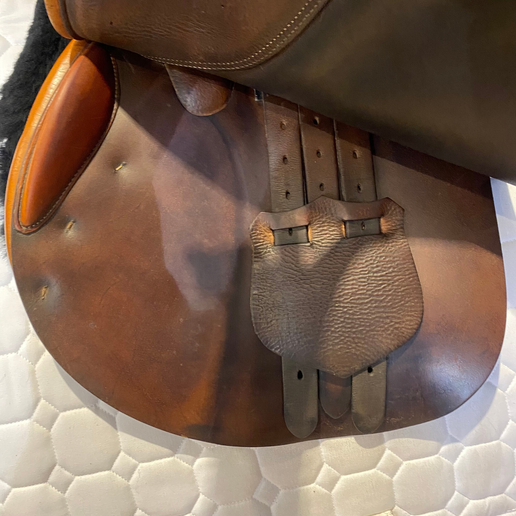 Butet #281 10 Consigned Butet Jumping Saddle Grained, 17” L (Semi-Flat) seat, 2.25 flap, STD Tree, Gold, Butet. cover included
