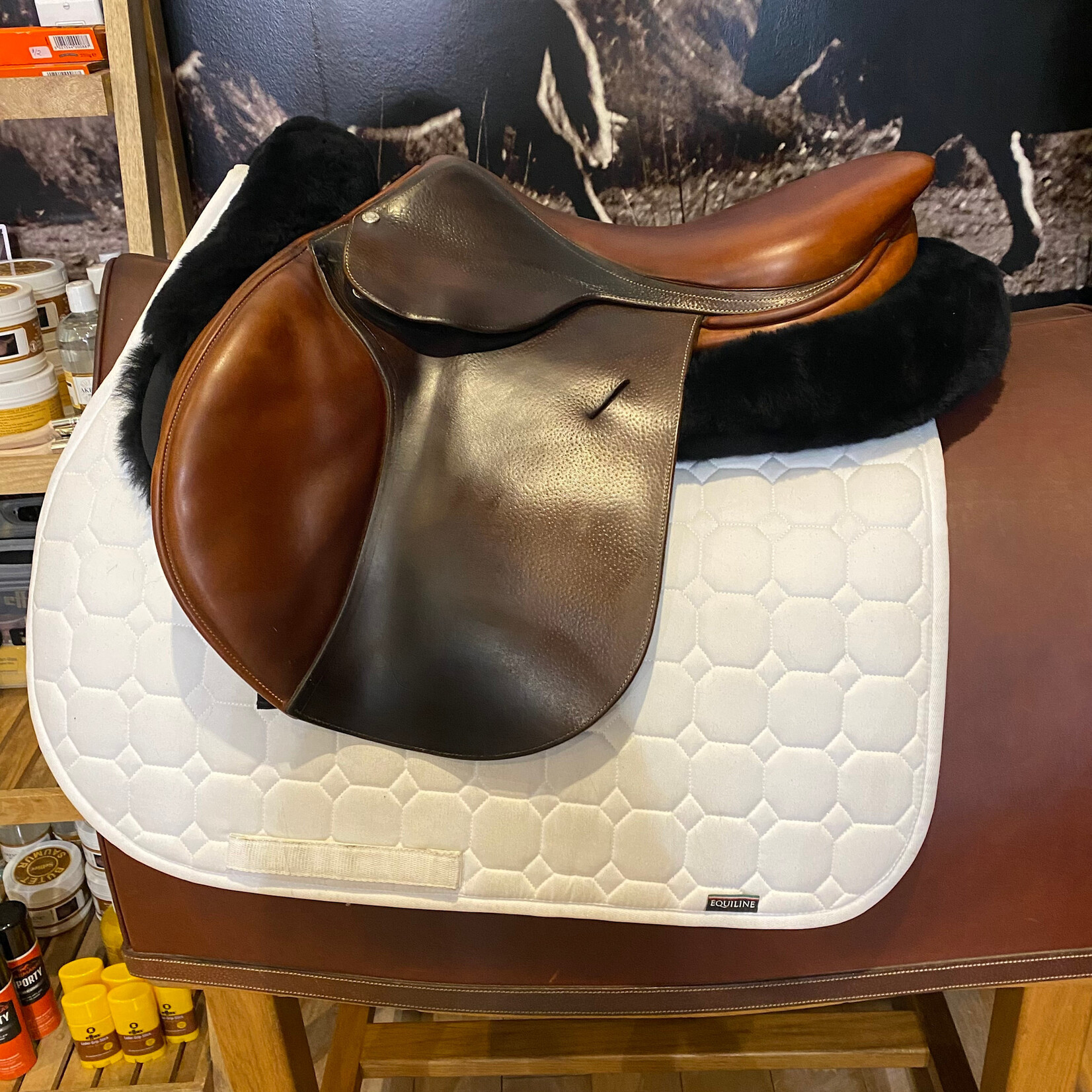 Butet #165 09 Consigned Butet Jumping Saddle Grained, 17” P (Flat) seat, 2.25 flap, STD Tree, AD Panels, Gold