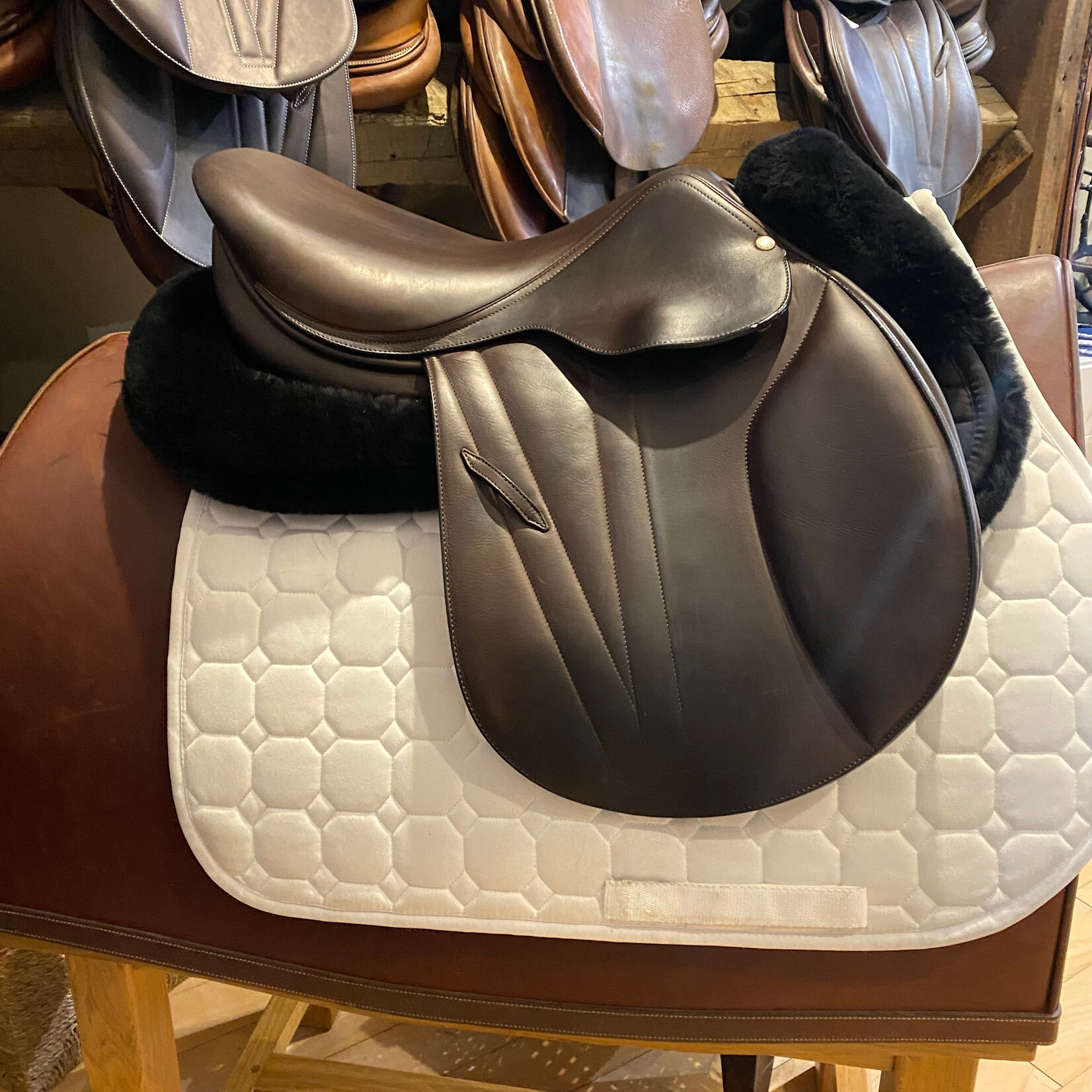 Butet #21 18973 Demo Butet Jumping Saddle Integrated Premium, L (Semi-flat) 2 Flap 17" Cachou , Wool, WIDE TREE, includes cover