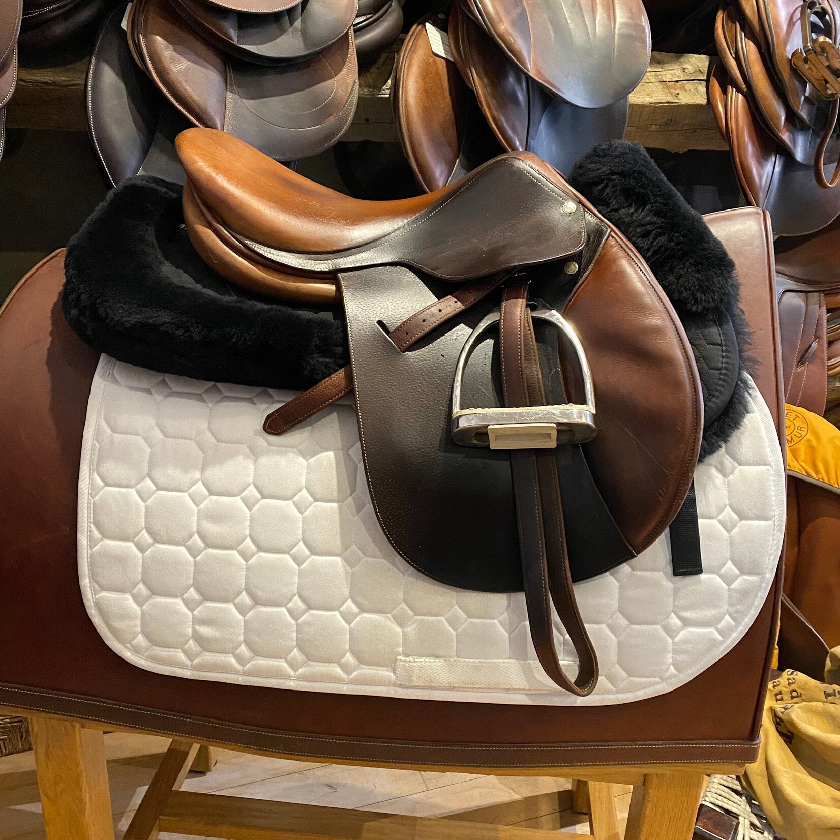 Butet #1430 04 Consigned Butet Jumping Saddle Grained, 16” L (Semi-Flat) seat, 1 flap, STD Tree,  Gold, Included 50" Butet leathers & stirrups (value of $ 400) & includes Butet cover