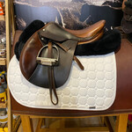 Butet #1430 04 Consigned Butet Jumping Saddle Grained, 16” L (Semi-Flat) seat, 1 flap, STD Tree,  Gold, Included 50" Butet leathers & stirrups (value of $ 400) & includes Butet cover