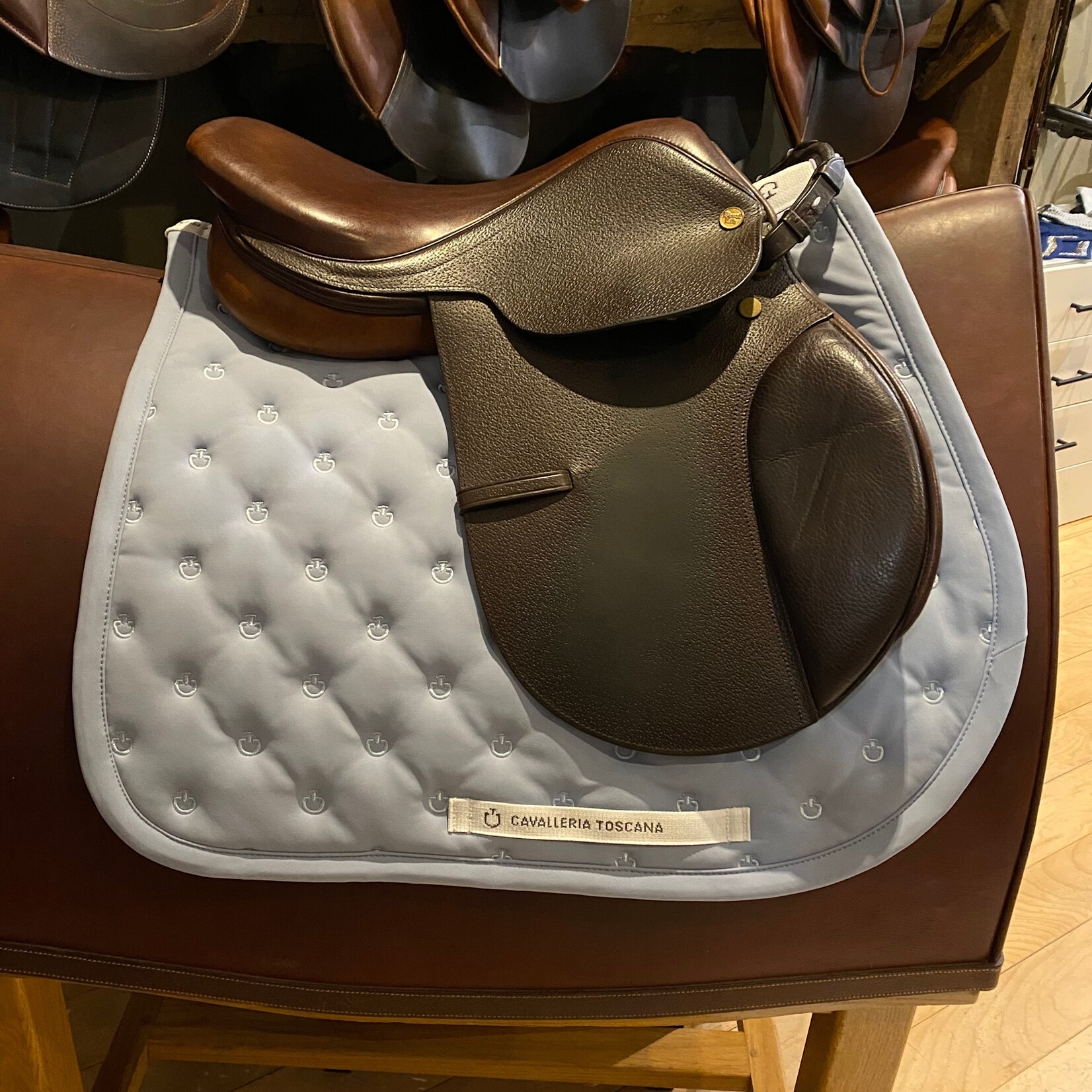 Beval Consigned Child’s Beval Ltd Princeton, 15.” seat, calf seat & padded flap, (meas 3.5” between wool dots)