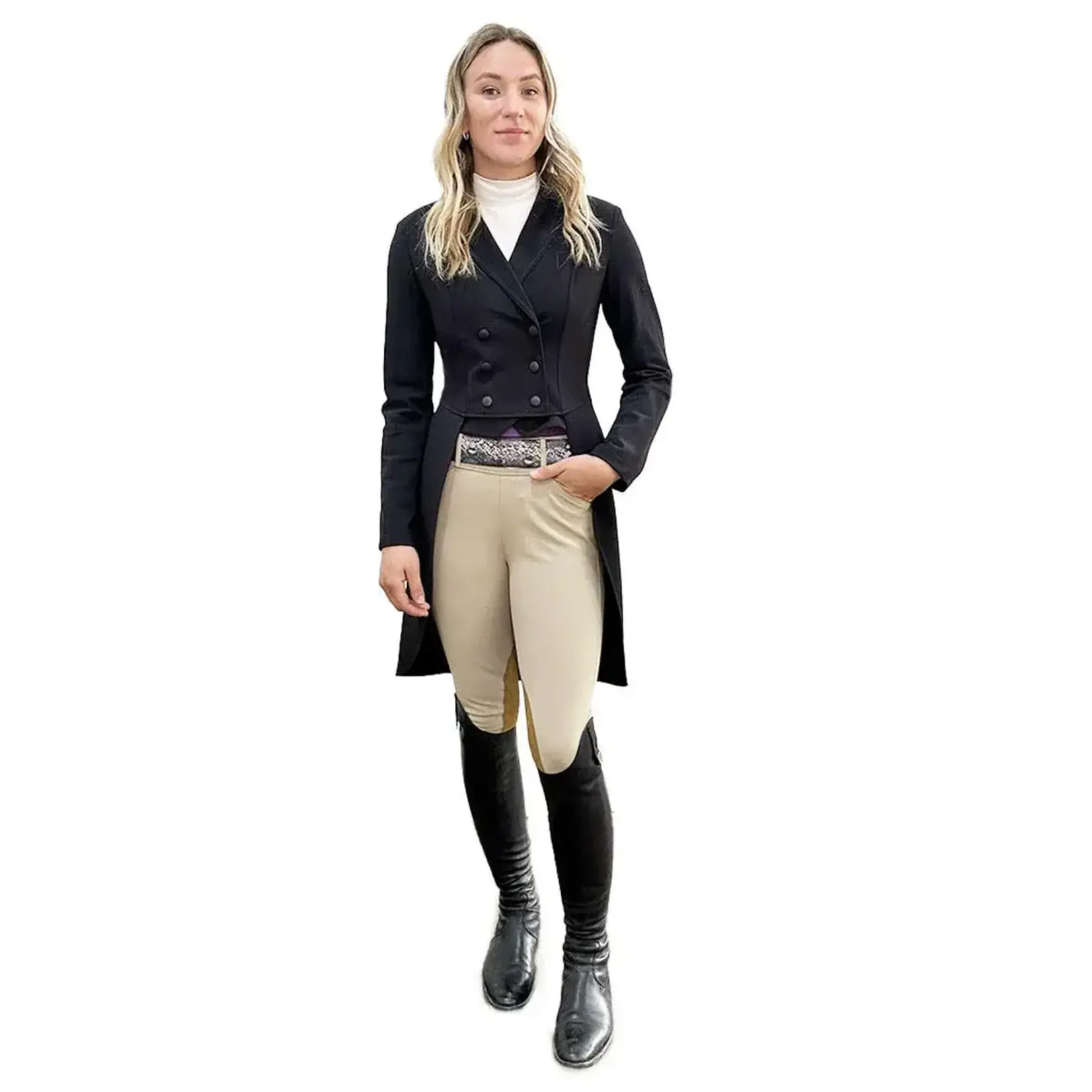 Equiline Equiline Gilverg Hunter Shadbelly, Black with Matte Black buttons and points, and a quiet black glitter piping on collar, has holes for your number to tie through