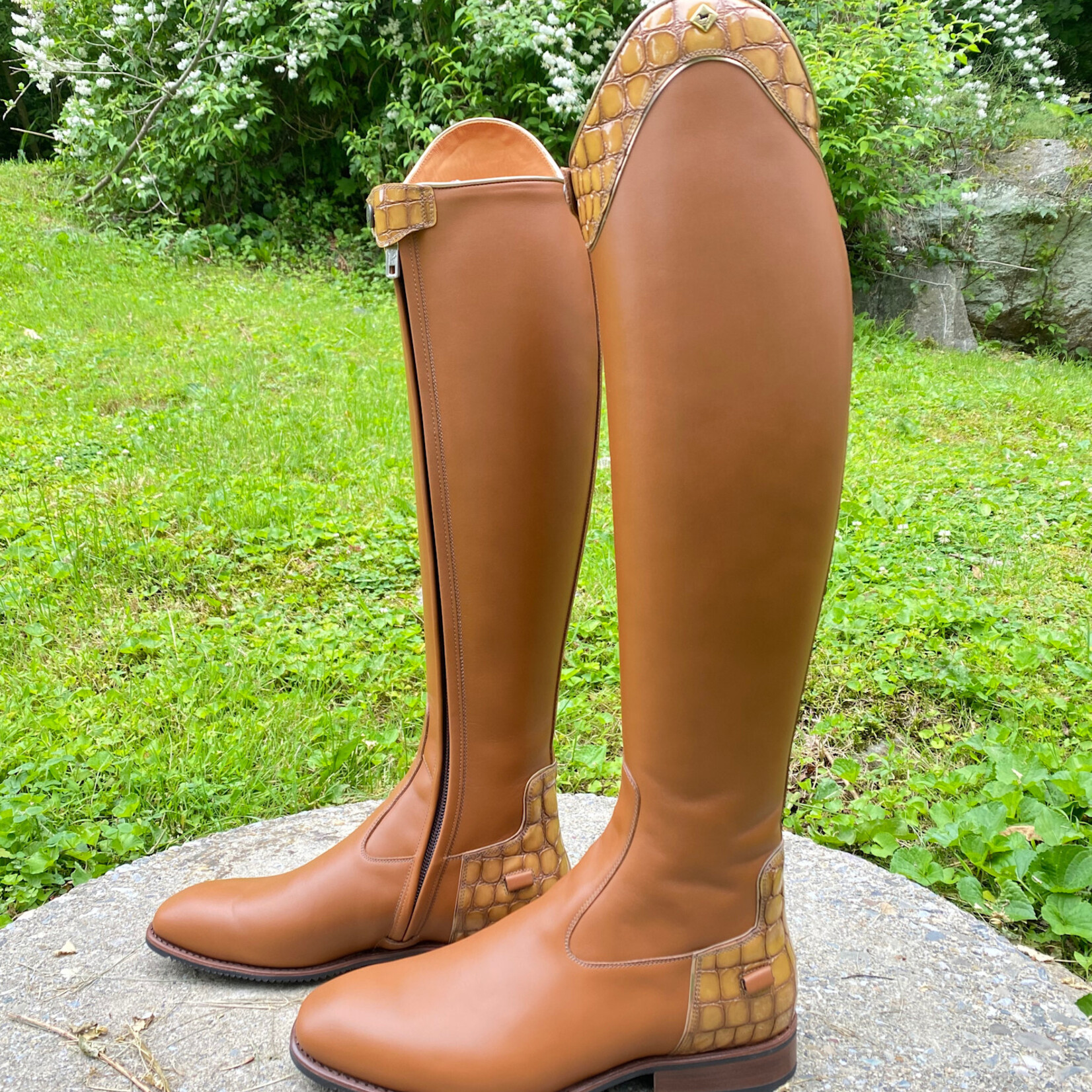DeNiro DeNiro Custom S6201 Dress Boot w/ Dressage Zipper Position in Wrat Oxford Vitello w/ Aurora Lucidi Calfskin Sand Top, Piping around Top & Heel in Specchio Rame, Brown Soles, 41 MA M
