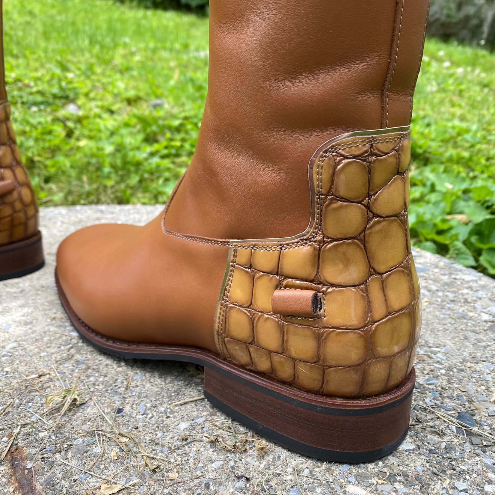 DeNiro DeNiro Custom S6201 Dress Boot w/ Dressage Zipper Position in Wrat Oxford Vitello w/ Aurora Lucidi Calfskin Sand Top, Piping around Top & Heel in Specchio Rame, Brown Soles, 41 MA M