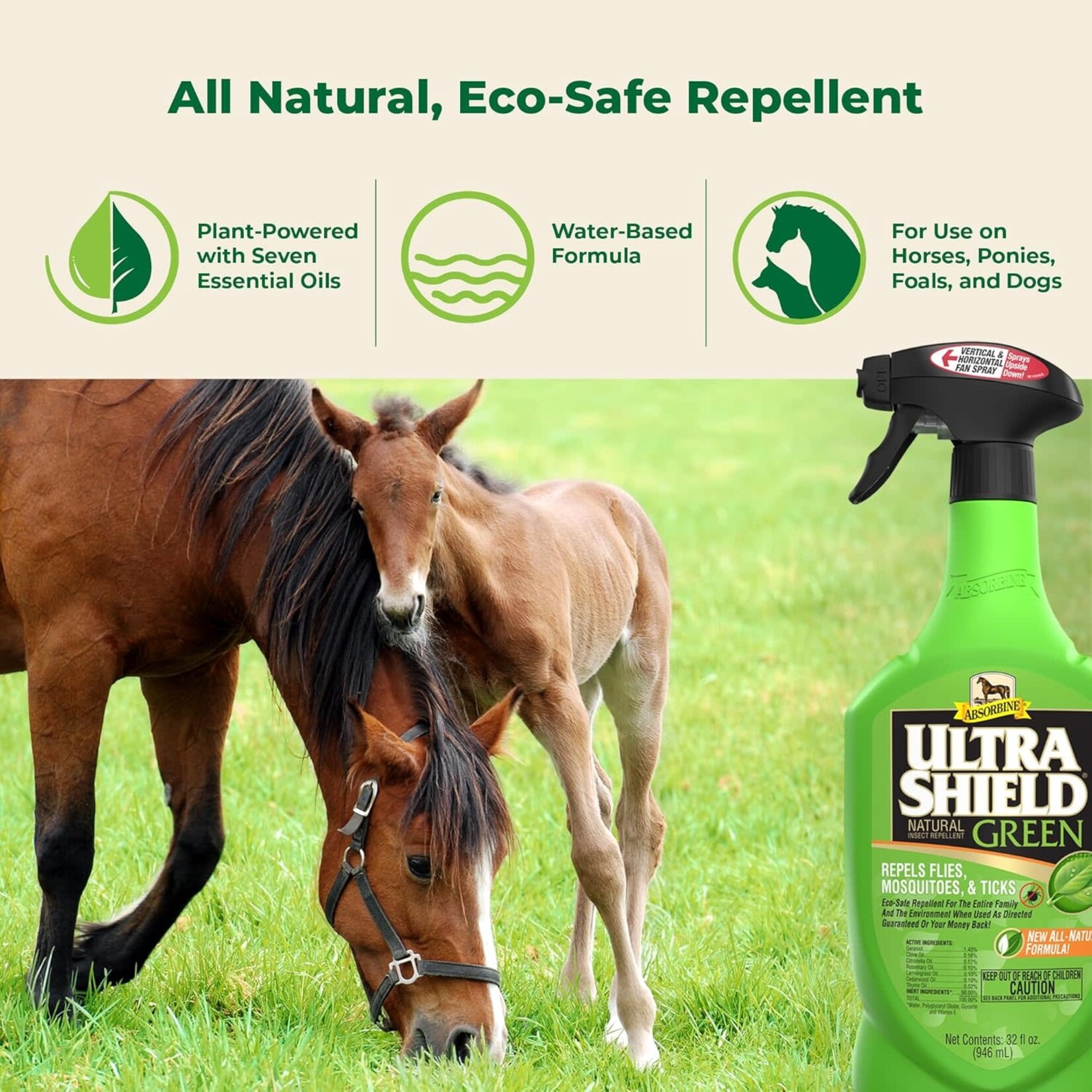 Absorbine Ultra Shield Green Fly Spray- Quart 32 Oz. Spray, Natural, made with 7 Essential Oils, Eco-friendly