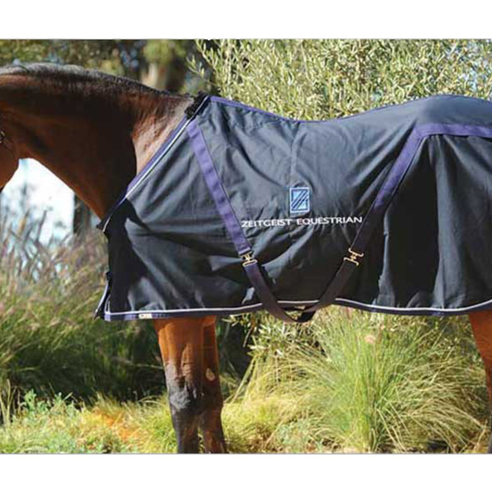 Equitex Custom Equitex Day Sheet Twill, features include, faux beaver fur at the withers, two high bias surcingles, taffeta lined, double-faced shoulders, with detachable elastic leg straps - Captain Navy base w/ lavender pipping & cadet grey trim, size 82