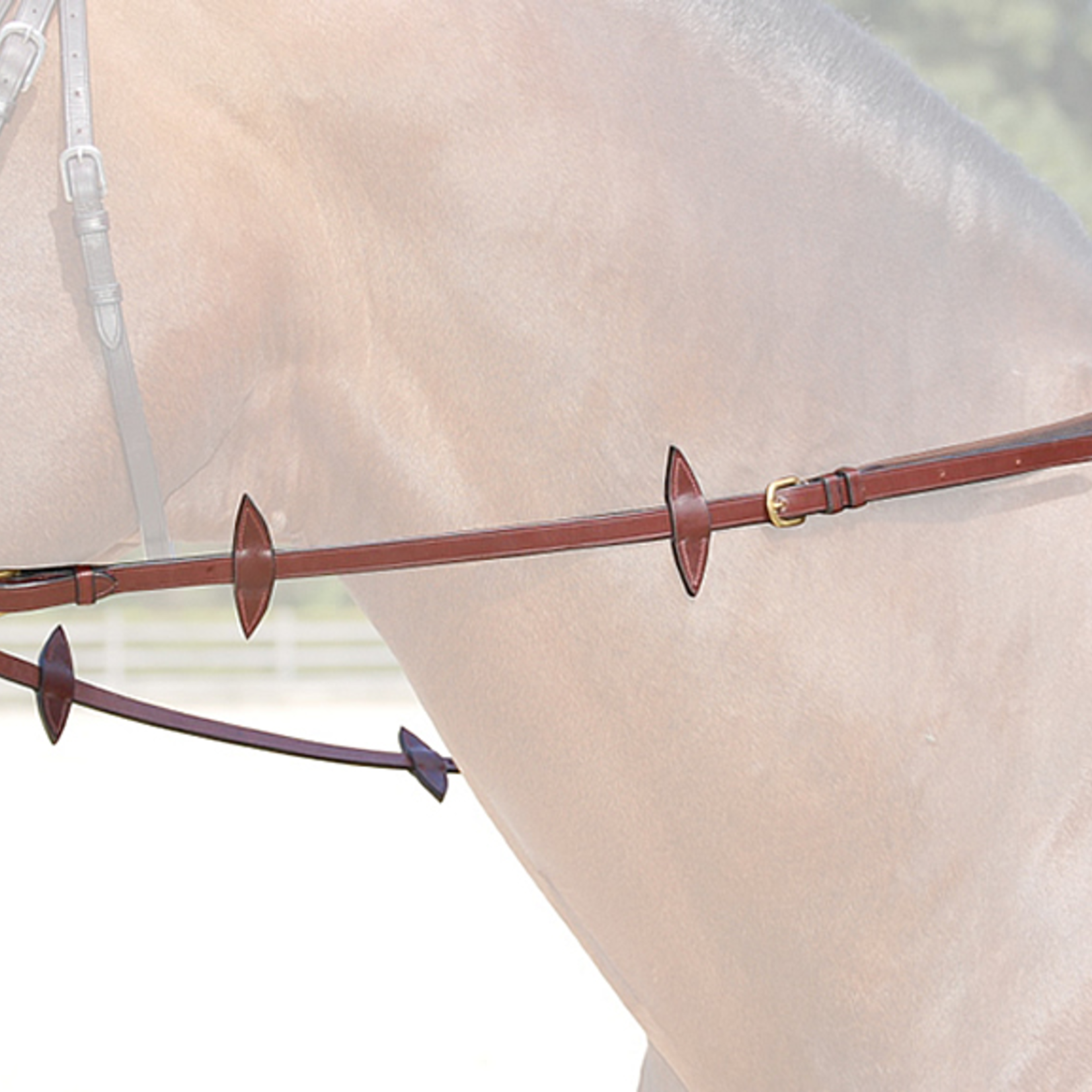 Dy'on DY05S Dy'On Adjustable Reins in grip web. Width 5/8” with 1” stopper in rubber on each rein, monkey buckle rein attachment. Brass buckles with 5 length adjustment holes.