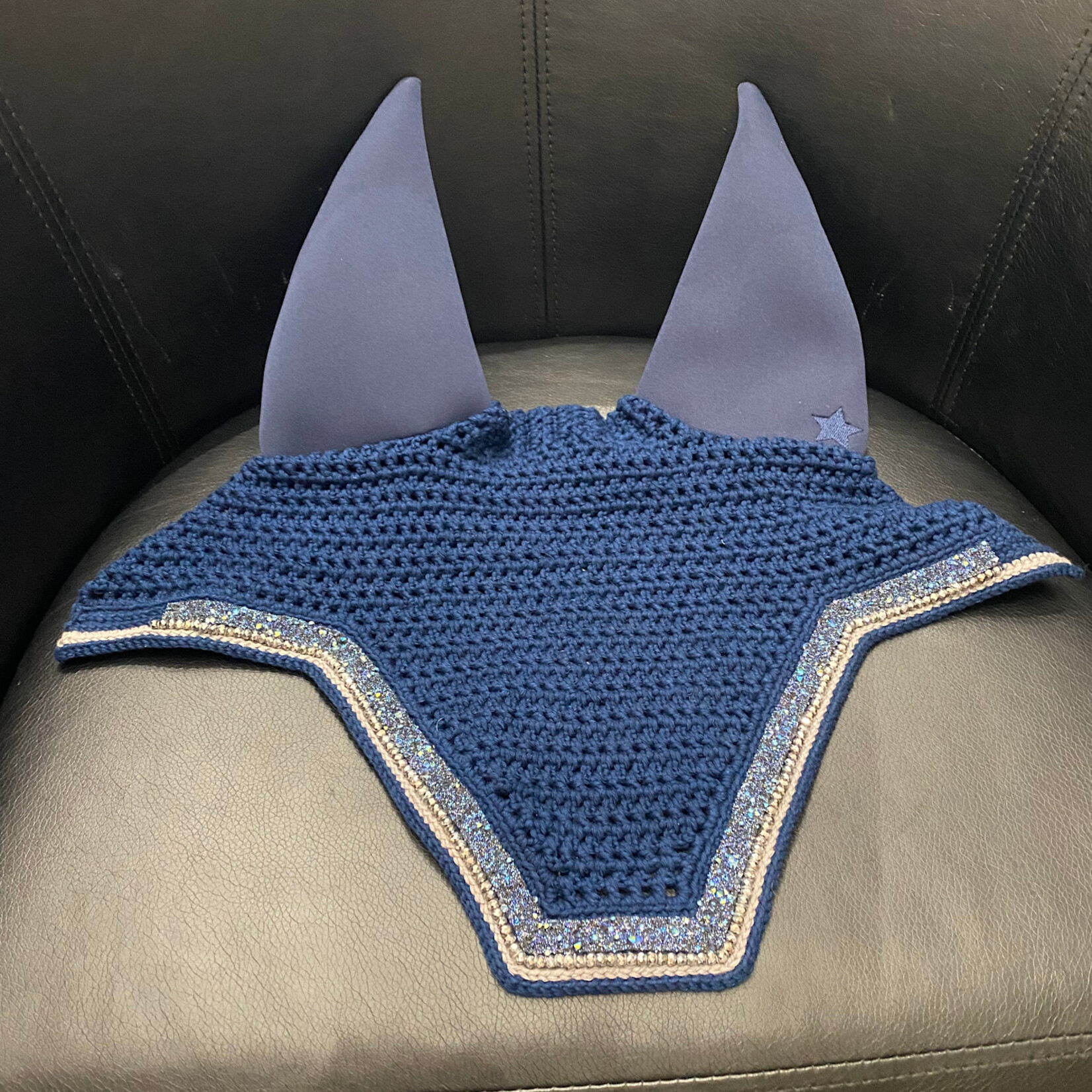 Equstar Custom Bonnet - Soundproof Ears, Sqaure Shape, Drk Navy Base, 1R Stingray Galaxy Rhinestone Ribbon, 1R White Cord, 1R Sm Silver Crystal, 1R Grey Thread, 1R Navy Thread, Drk Navy Star