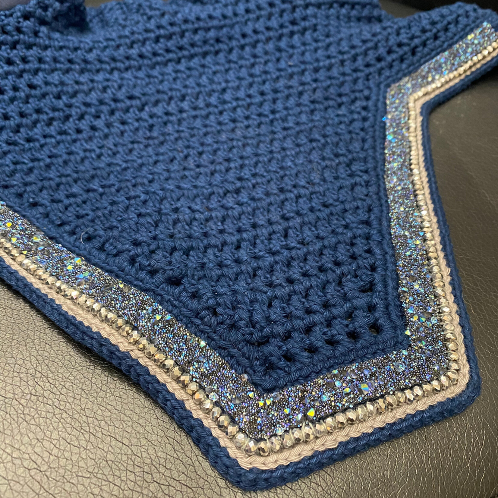 Equstar Custom Bonnet - Soundproof Ears, Sqaure Shape, Drk Navy Base, 1R Stingray Galaxy Rhinestone Ribbon, 1R White Cord, 1R Sm Silver Crystal, 1R Grey Thread, 1R Navy Thread, Drk Navy Star