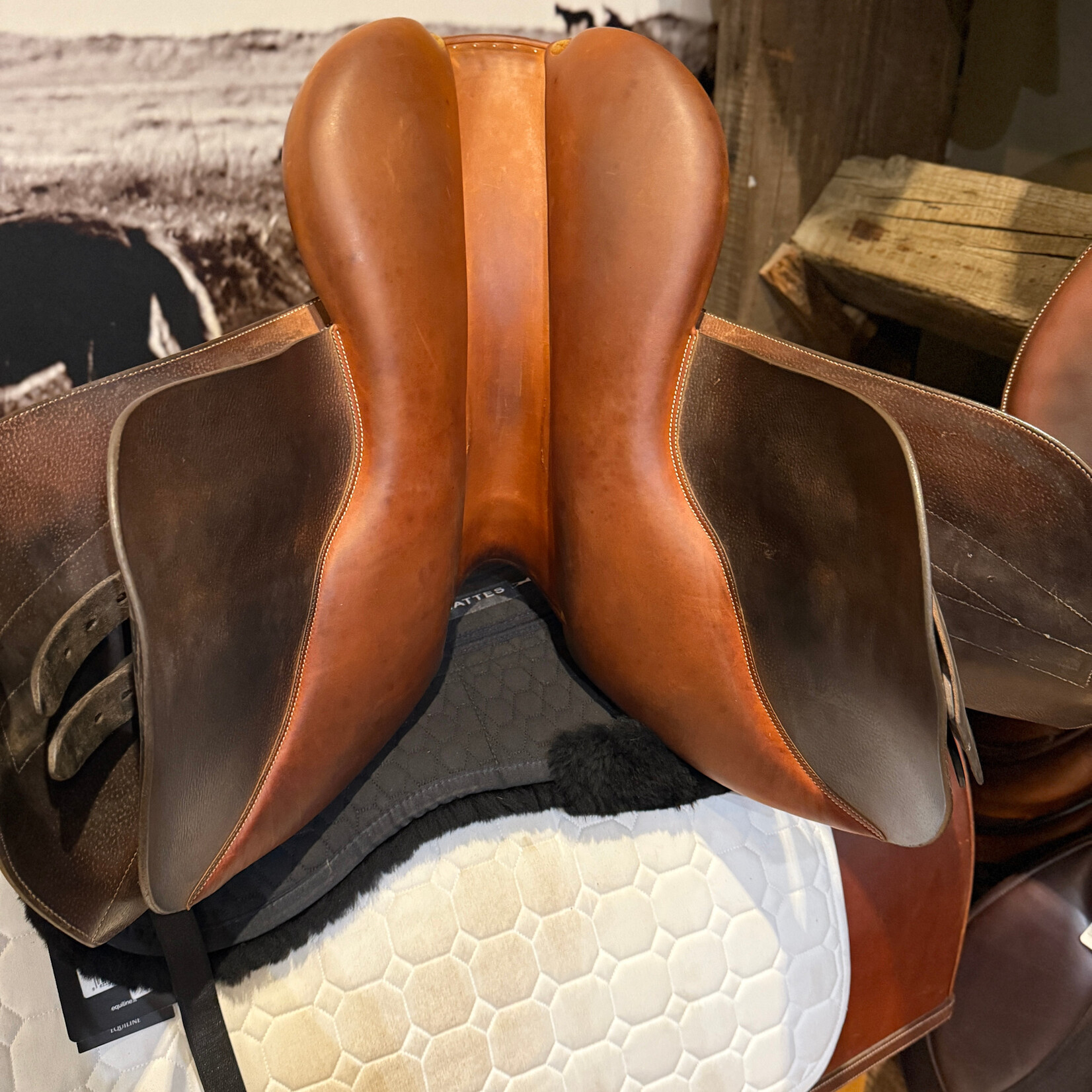 Butet #15 221 Consigned Butet Jumping Saddle Non-Integrated Premium, L (Semi-Flat) 2 Flap 17" Gold , Front Std Blocks, MOU Memory Foam Panels, STD TREE, no cover