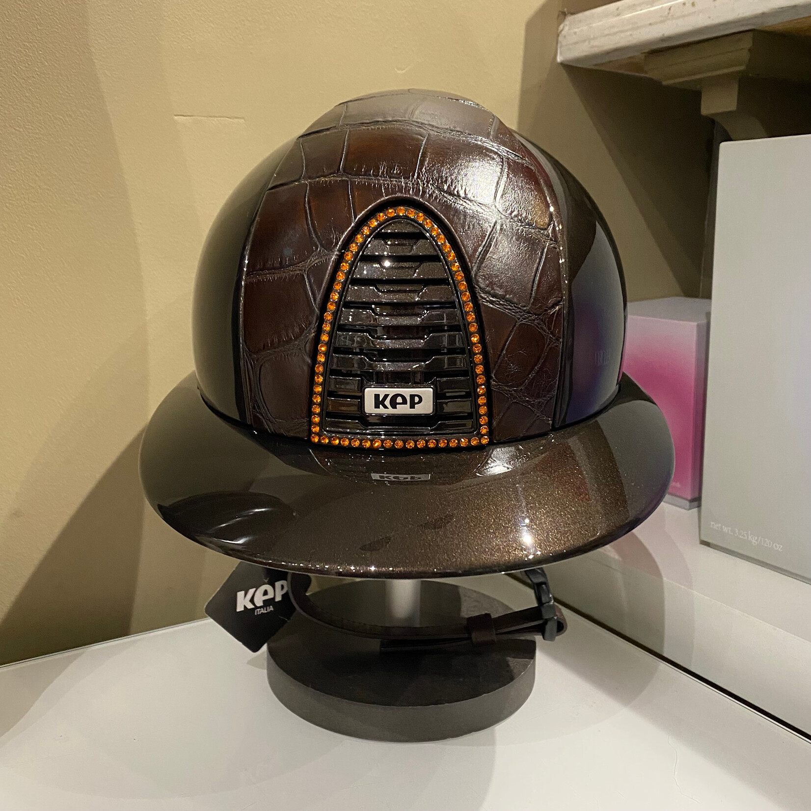 KEP KEP Custom Cromo 2.0  - Polish Brown Shell, Texture Brown Matt Croco  Front, Frame w/ Swar Crystal Champagne, Polish Brown Grid, Subgrid & Button, Brown Leather Chinstrap, Polo Visor, Sold as a kit with coordinating liner (sold separately) 