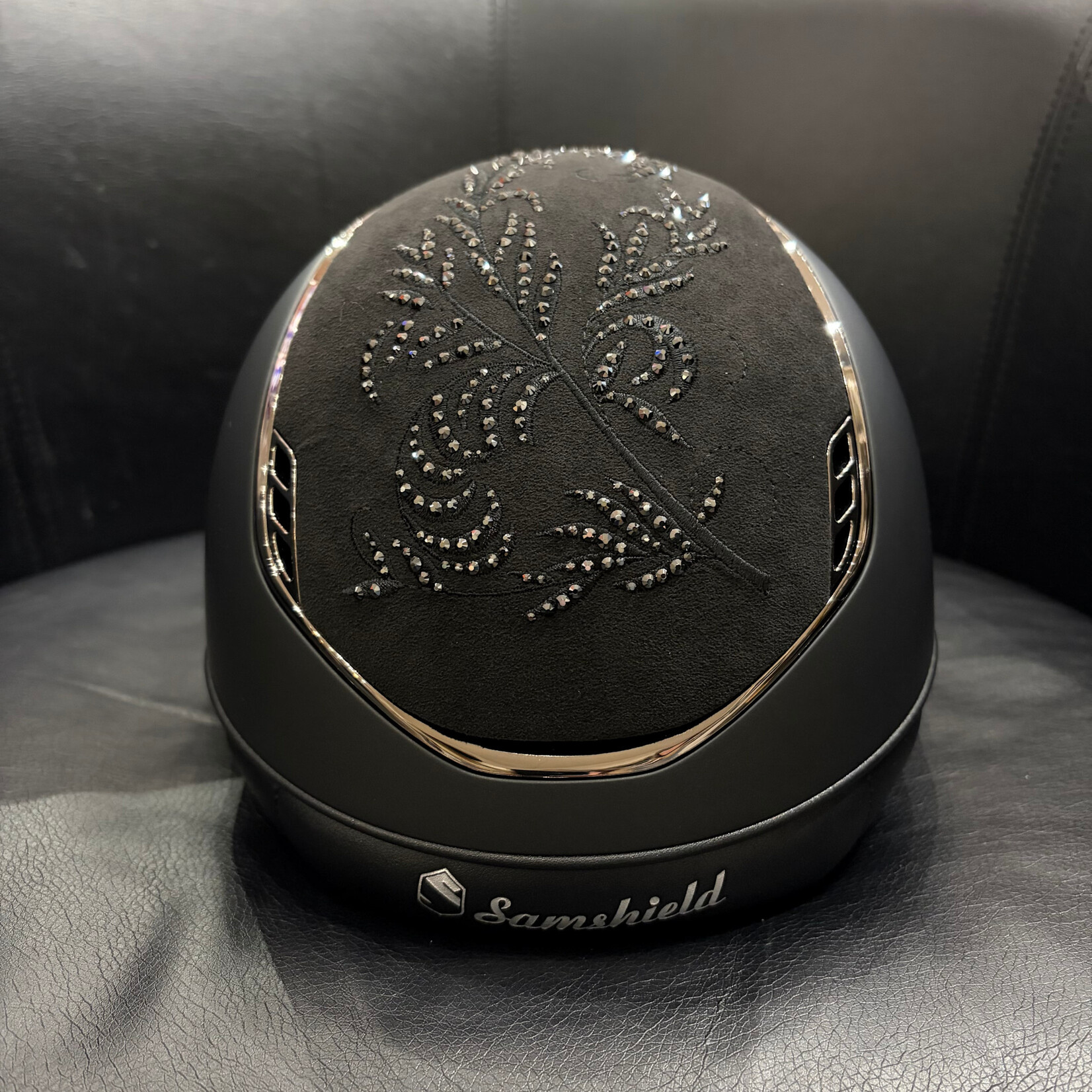 Samshield CUSTOM 2.0 Samshield Miss Shield Helmet w/ Flower Swarovski Black Top & Frontal Band, Black Chrome Trim & Blazon, Sold as a kit with coordinating liner (sold separately).