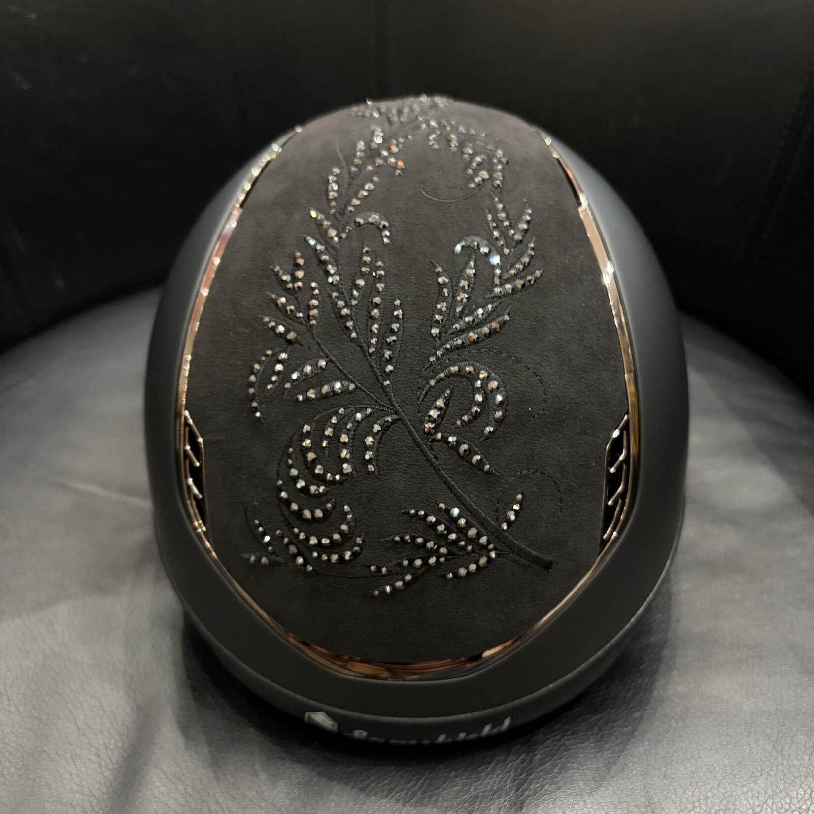 Samshield CUSTOM 2.0 Samshield Miss Shield Helmet w/ Flower Swarovski Black Top & Frontal Band, Black Chrome Trim & Blazon, Sold as a kit with coordinating liner (sold separately).