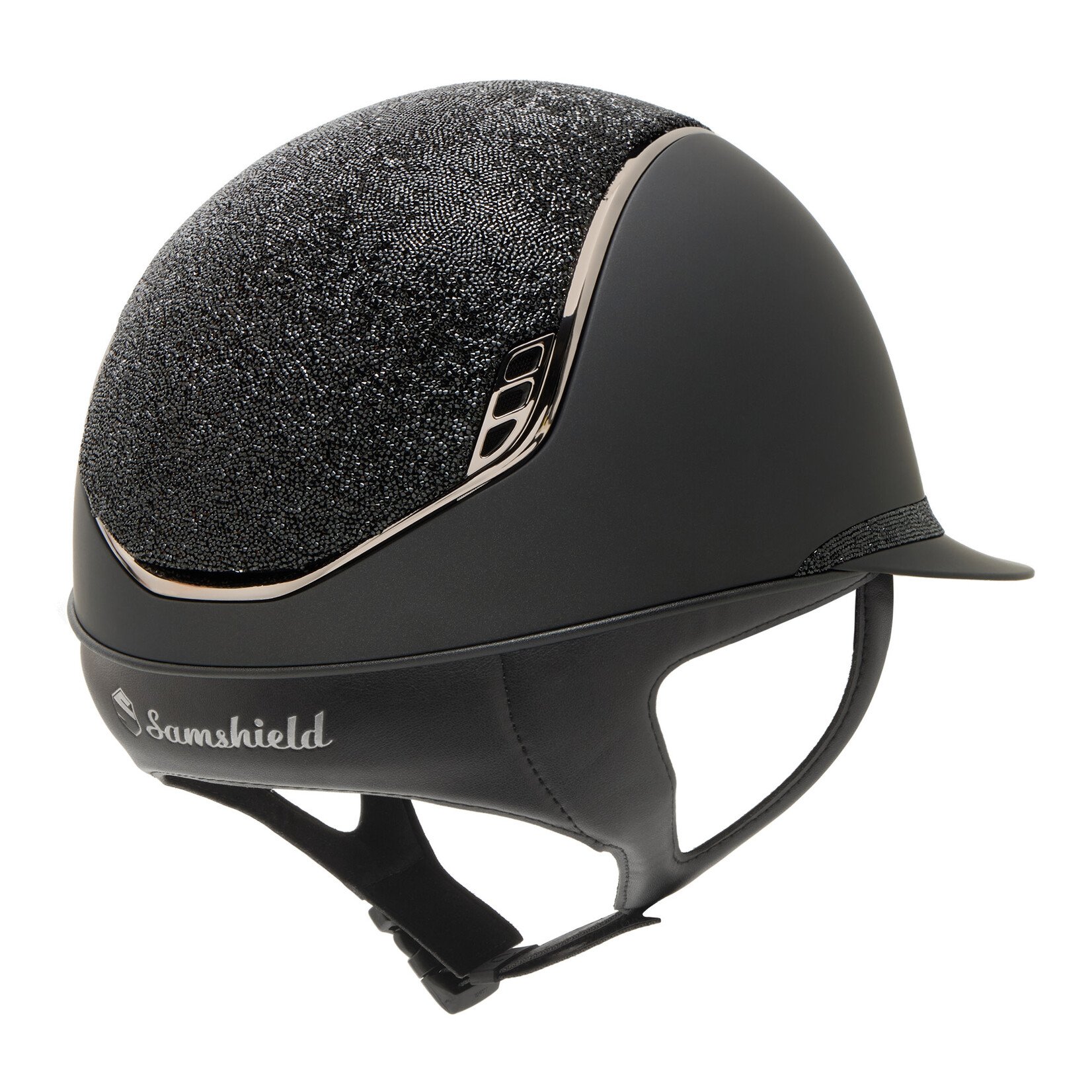Samshield 2.0 #11 Fast Custom Samshield Miss Shield Shadowmatt Helmet with Crystal Fabric Rock Top & Frontal Band, Black Chrome Trim & Blazon, Sold as a kit with coordinating liner (sold separately).