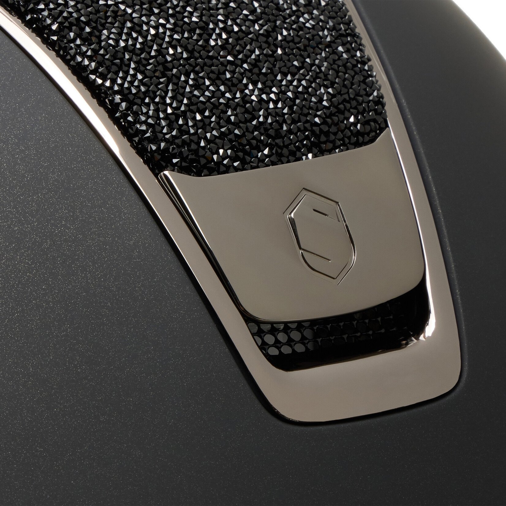 Samshield 2.0 #11 Fast Custom Samshield Miss Shield Shadowmatt Helmet with Crystal Fabric Rock Top & Frontal Band, Black Chrome Trim & Blazon, Sold as a kit with coordinating liner (sold separately).