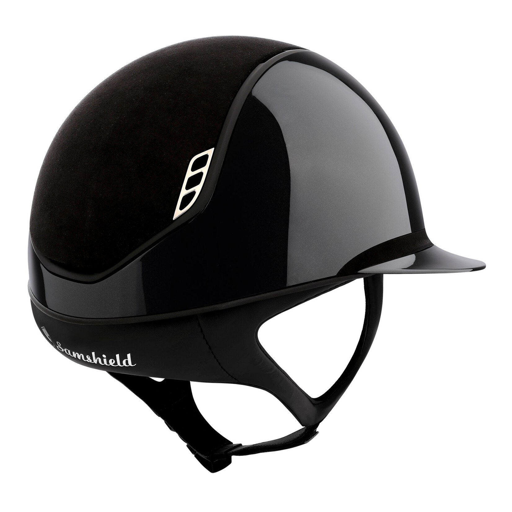 Samshield 2.0 #8 Fast Custom Samshield Miss Shield Shadow Glossy Helmet w/ Alcantara Top & Band, Matt Black Trim & Black Chrome Blazon, Sold as a kit with coordinating liner (sold separately)