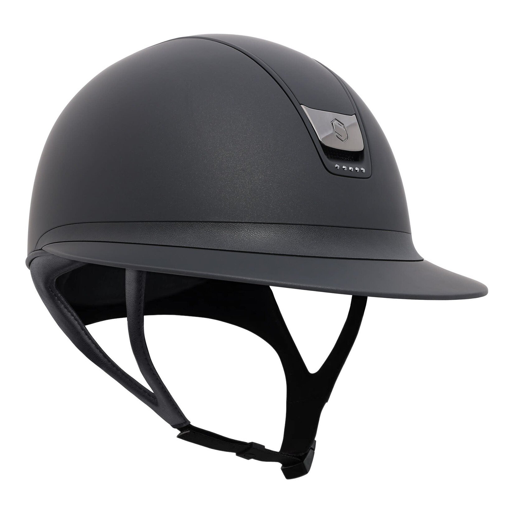 Samshield 2.0 #2 Fast Custom Samshield Miss Shield Shadowmatt Helmet w/ Matt Black, Black Chrome Blazon w/ 5 Hematite Swarovski Crystals, Sold as a kit with coordinating liner (sold separately).