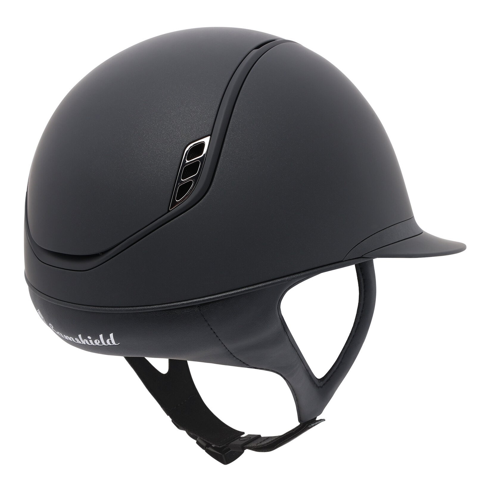 Samshield 2.0 #2 Fast Custom Samshield Miss Shield Shadowmatt Helmet w/ Matt Black, Black Chrome Blazon w/ 5 Hematite Swarovski Crystals, Sold as a kit with coordinating liner (sold separately).