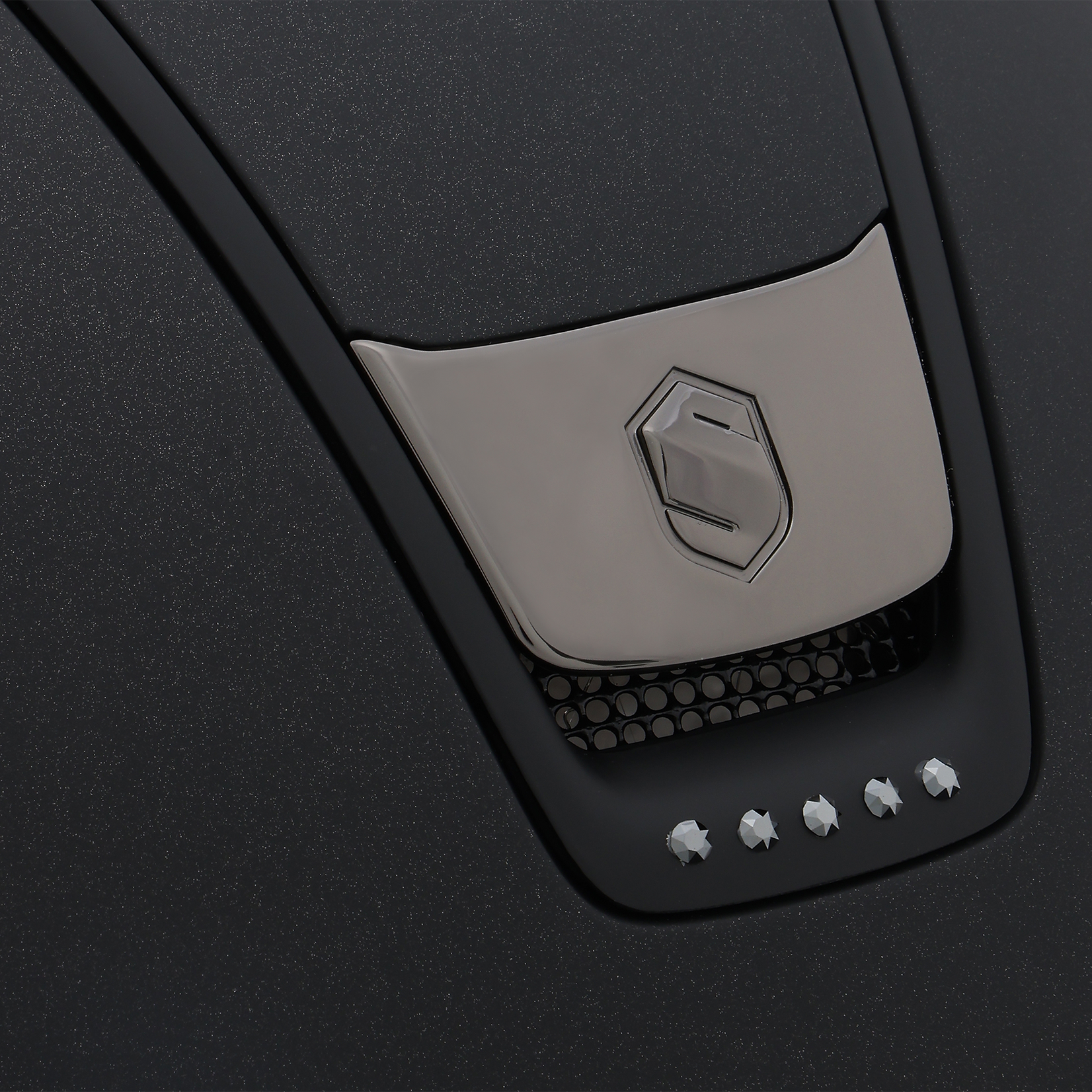 Samshield 2.0 #2 Fast Custom Samshield Miss Shield Shadowmatt Helmet w/ Matt Black, Black Chrome Blazon w/ 5 Hematite Swarovski Crystals, Sold as a kit with coordinating liner (sold separately).