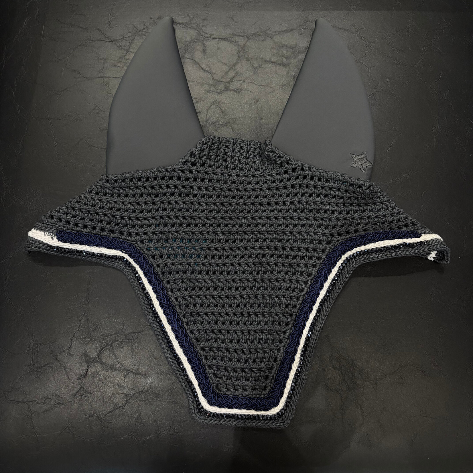 Equstar Custom Bonnet - Soundproof Ears, Square Shape, Drk Grey Base, 1R Navy Braid, 1R White Thread, 1R Sm Midnight Blue Crystal, 1R Drk Grey Thread, Drk Grey Star