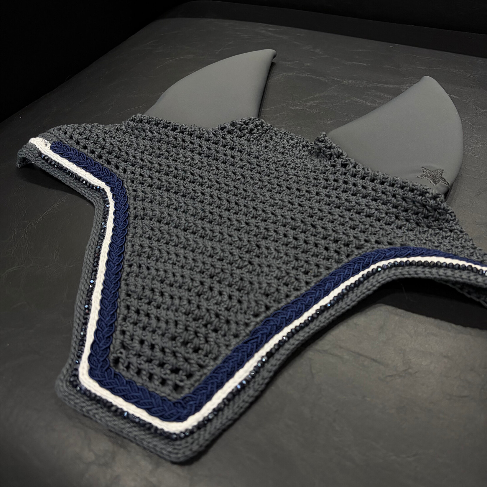 Equstar Custom Bonnet - Soundproof Ears, Square Shape, Drk Grey Base, 1R Navy Braid, 1R White Thread, 1R Sm Midnight Blue Crystal, 1R Drk Grey Thread, Drk Grey Star