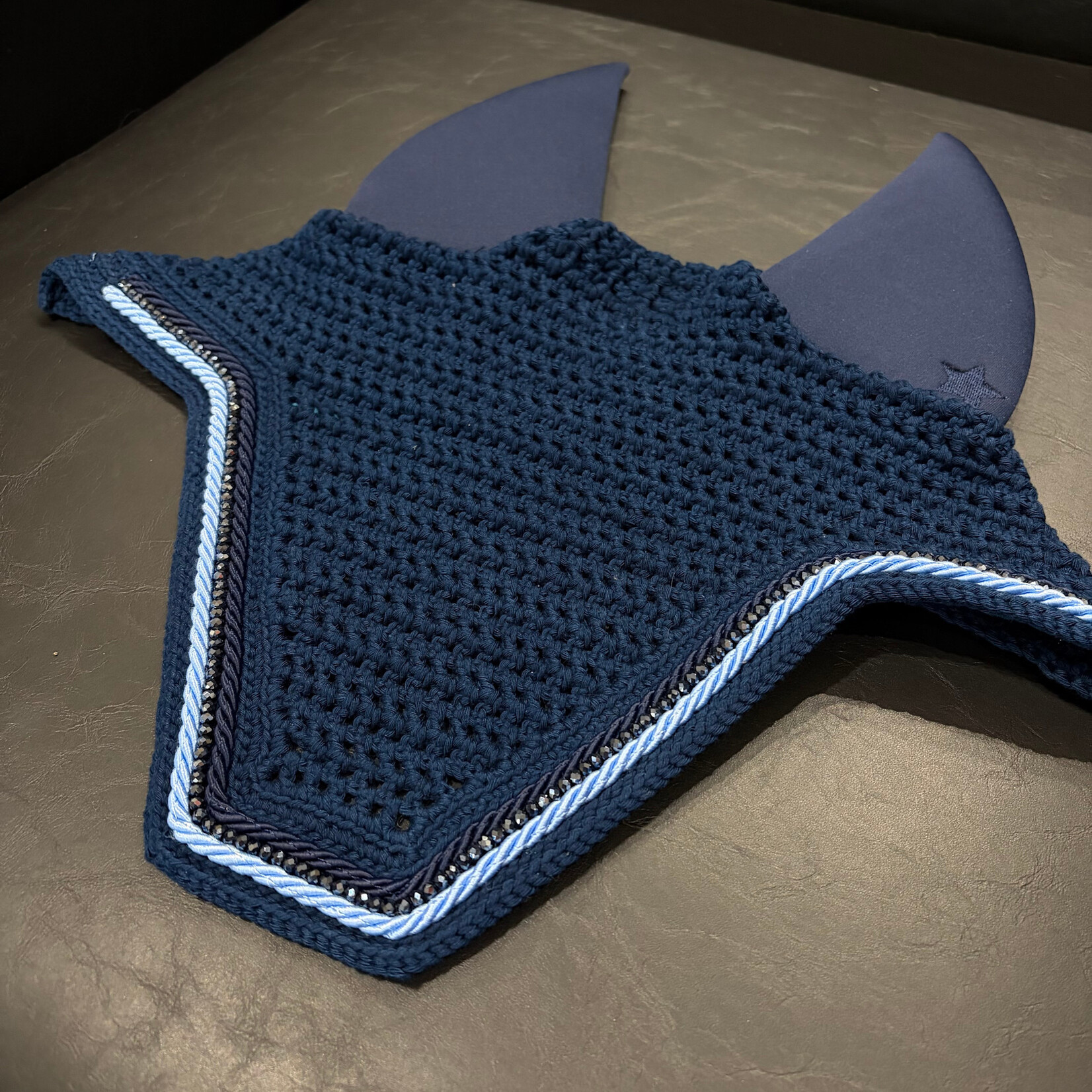 Equstar Custom Bonnet - Soundproof Ears, Square Shape, Drk Navy Base, 1R Navy Cord, 1R Sm Midnight Blue Crystal, 1R Sapphire Cord, 1R Drk Navy Thread, Drk Navy Star