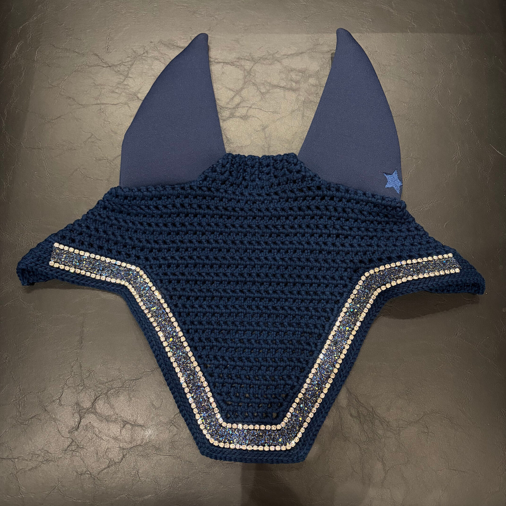 Equstar Custom Bonnet - Soundproof Ears, Square Shape, Drk Navy Base, 1R Single Rhinestone, 1R Stingray Galaxy Ribbon, Single Rhinestone, 1R Drk Navy Thread, Drk Navy Star