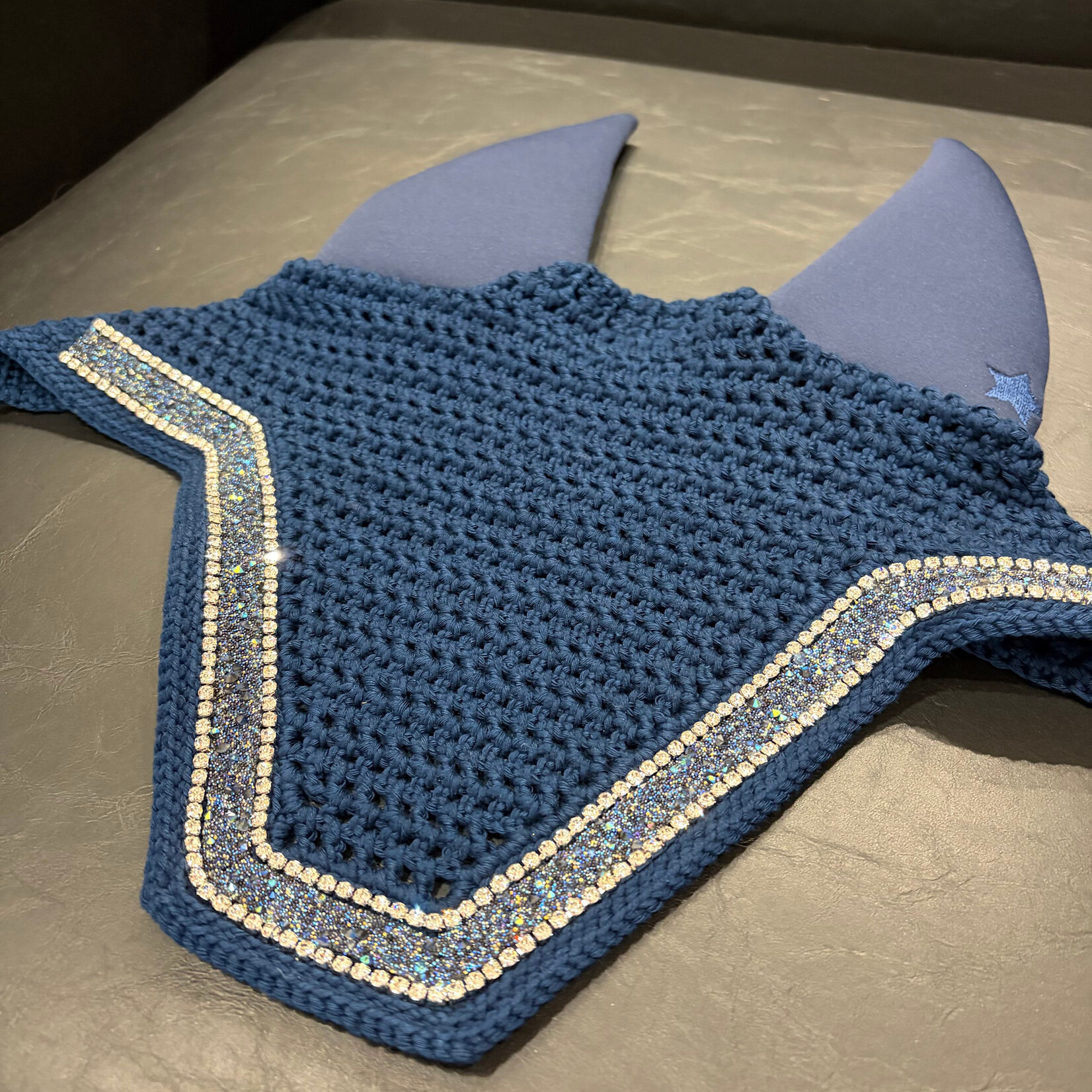 Equstar Custom Bonnet - Soundproof Ears, Square Shape, Drk Navy Base, 1R Single Rhinestone, 1R Stingray Galaxy Ribbon, Single Rhinestone, 1R Drk Navy Thread, Drk Navy Star