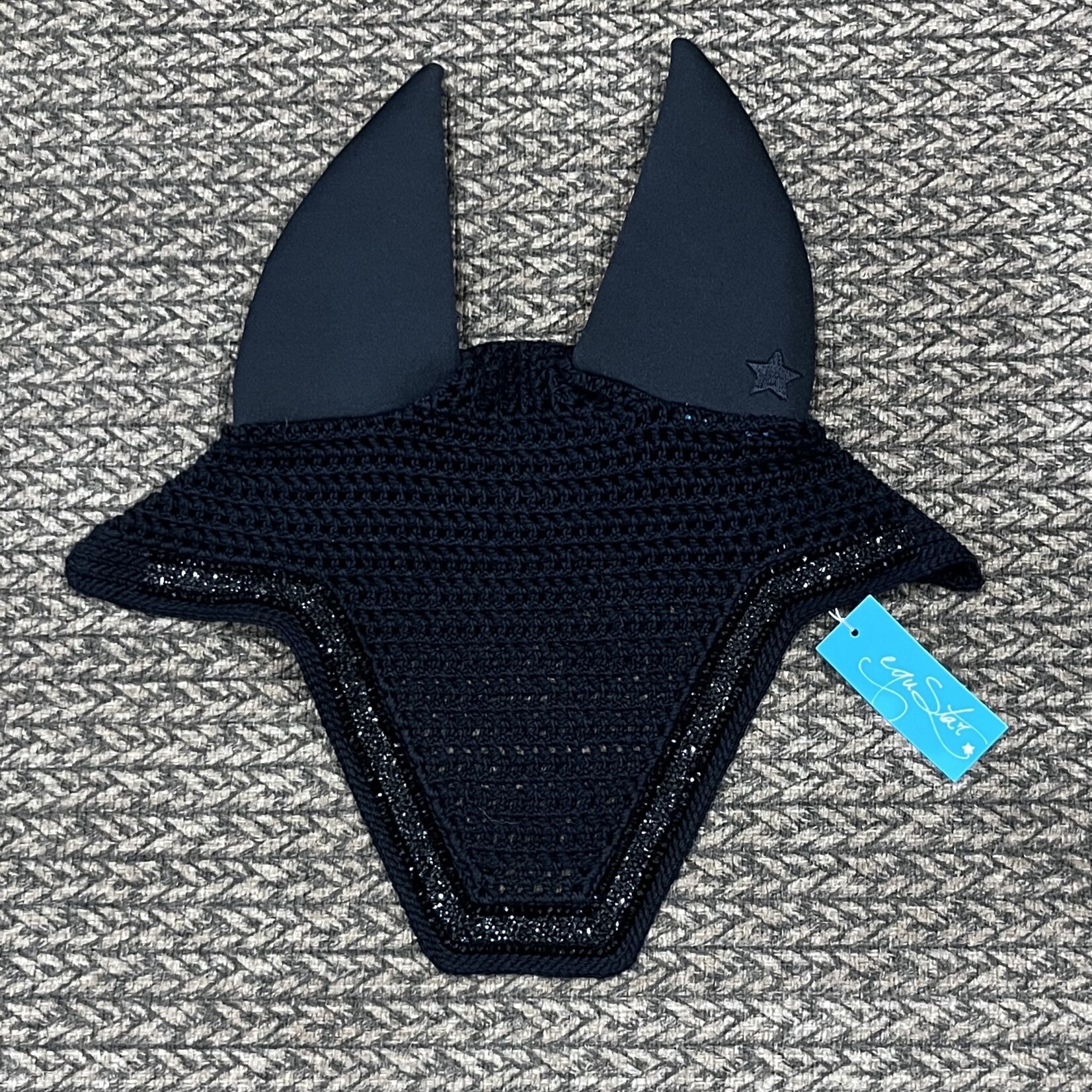 EquStar SOUNDPROOF Black Square Bonnet, 1R SM Jet Blk Crys, 1R Reg Jet Blk Ribbon, 1R SM Blk Crys, 2R Blk Trim, Blk Star