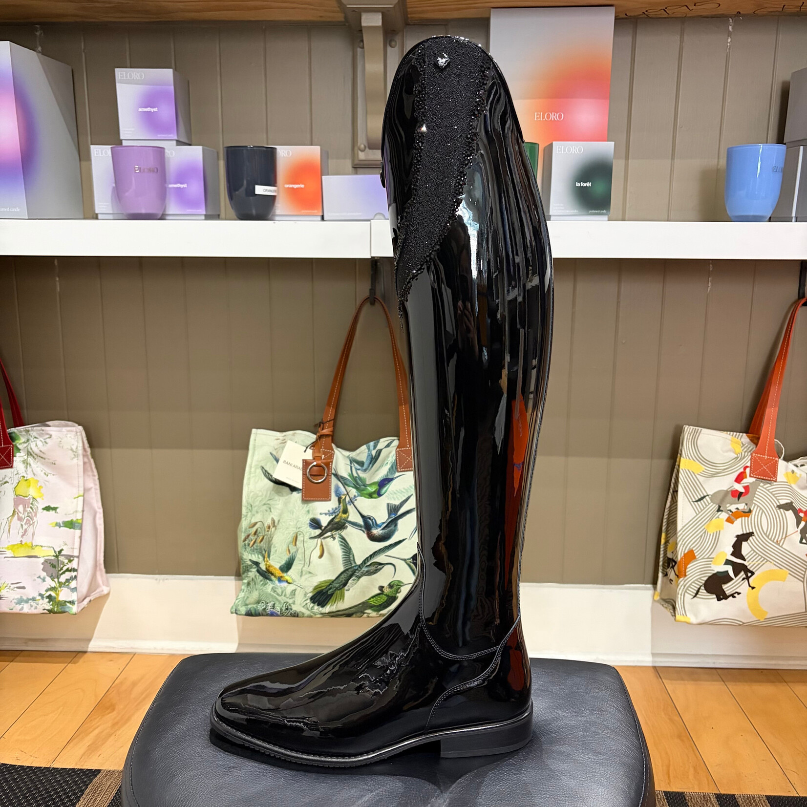 Deniro Boot DeNiro Custom Bellini Dressage Boot: Leg & Foot in Patent Black, Helen Top in Jet Black Crystal Fabric w/ GGL83 Jet Black Crystals Around Top, Black Sole, Black DeNiro Emblem
