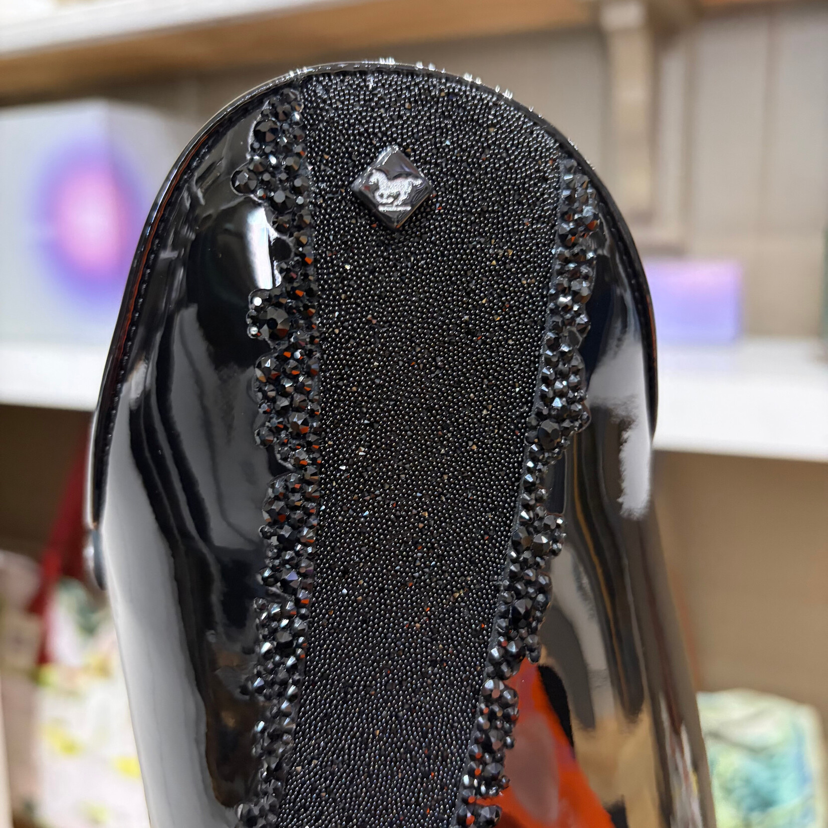 Deniro Boot DeNiro Custom Bellini Dressage Boot: Leg & Foot in Patent Black, Helen Top in Jet Black Crystal Fabric w/ GGL83 Jet Black Crystals Around Top, Black Sole, Black DeNiro Emblem