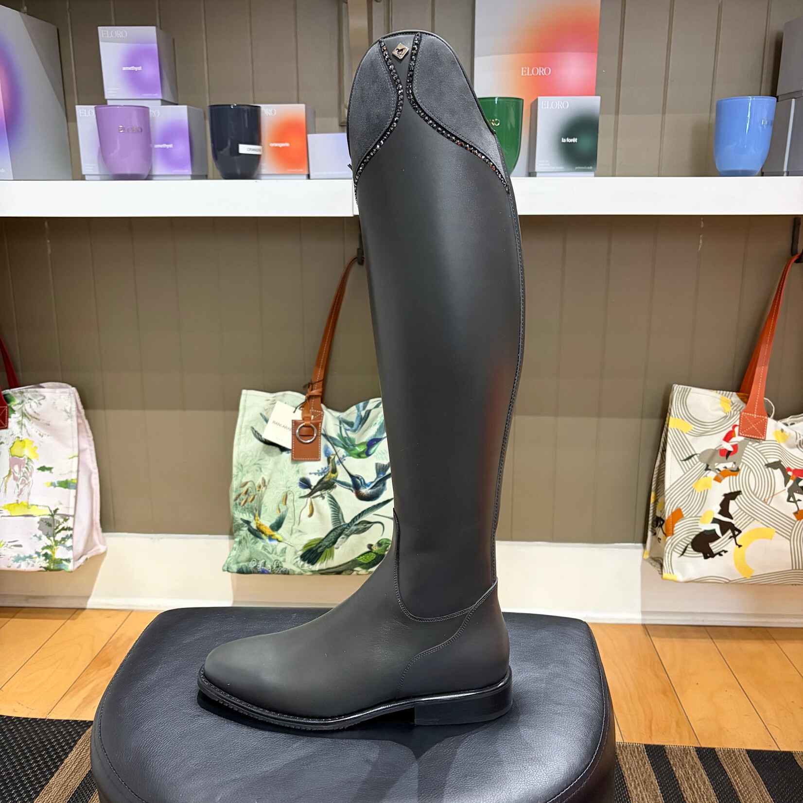 Deniro Boot DeNiro Custom Bellini Dressage Boot: Leg & Foot in WRAT Grey Anthracite, Callas Top in Camoscio Grigio w/ GGS79 Jet Hematite Crystals Around Top, Black Sole, Silver DeNiro Emblem