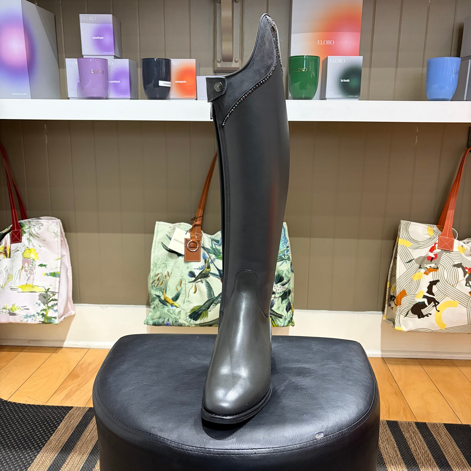Deniro Boot DeNiro Custom Bellini Dressage Boot: Leg & Foot in WRAT Grey Anthracite, Callas Top in Camoscio Grigio w/ GGS79 Jet Hematite Crystals Around Top, Black Sole, Silver DeNiro Emblem