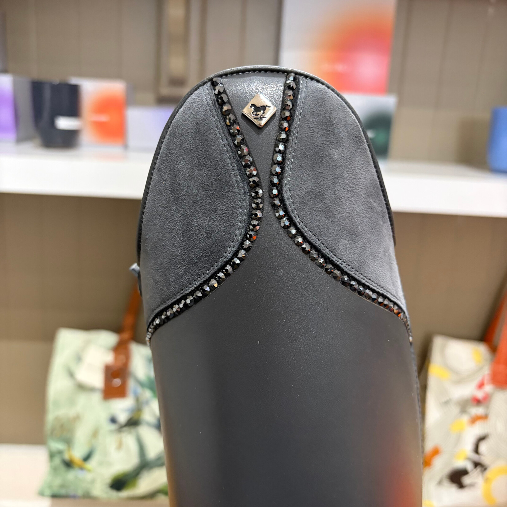 Deniro Boot DeNiro Custom Bellini Dressage Boot: Leg & Foot in WRAT Grey Anthracite, Callas Top in Camoscio Grigio w/ GGS79 Jet Hematite Crystals Around Top, Black Sole, Silver DeNiro Emblem