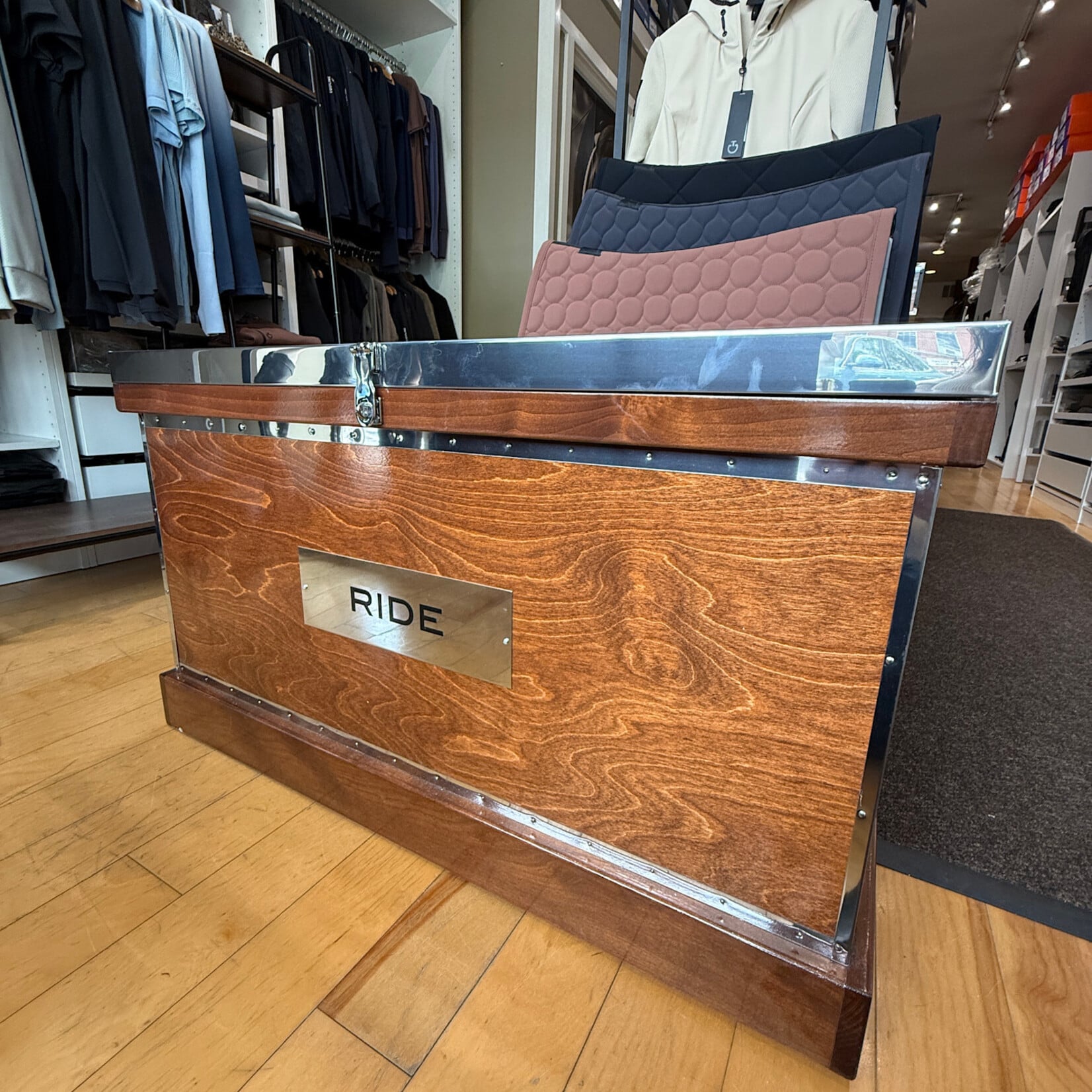 Phoenix West Ready-Made Custom Phoenix West Prestige Tack Trunk with Trim on all Corners, Finished Interior, Large Flat Lid, Includes Tray and Groom Tote, Plate sold separately- can be personalized