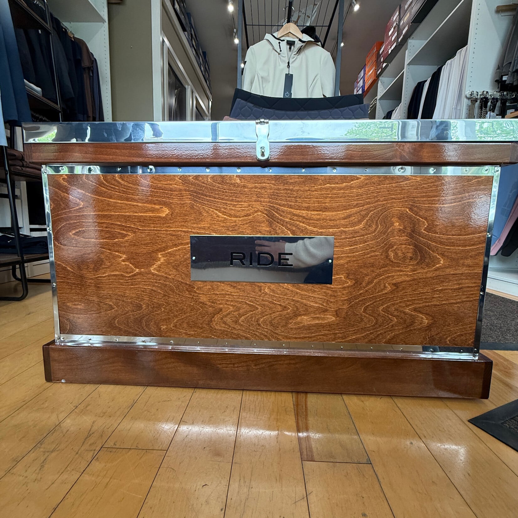 Phoenix West Ready-Made Custom Phoenix West Prestige Tack Trunk with Trim on all Corners, Finished Interior, Large Flat Lid, Includes Tray and Groom Tote, Plate sold separately- can be personalized
