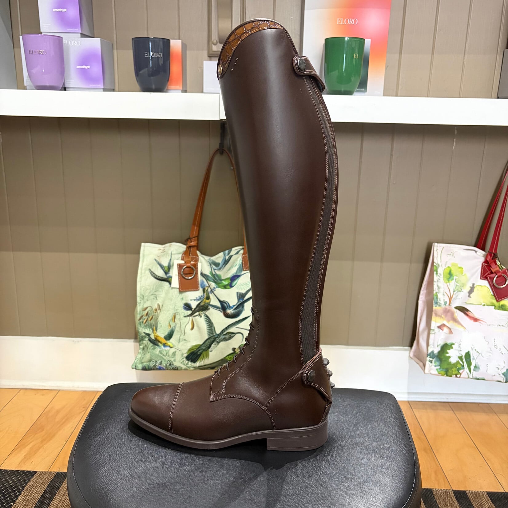 Deniro Boot DeNiro Custom Italo: Leg & Foot in Smooth Brown, Top in Lucidi Nut w/ 3 Crystals in Golden Shadow, Black Sole