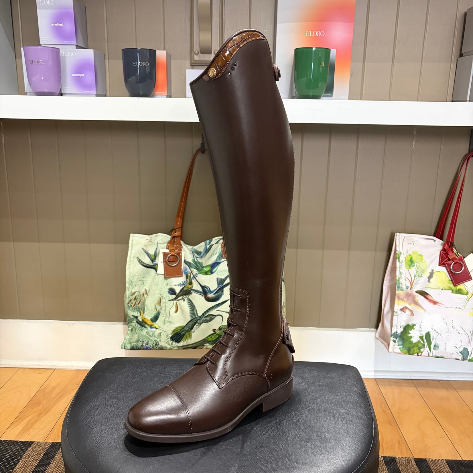 Deniro Boot DeNiro Custom Italo: Leg & Foot in Smooth Brown, Top in Lucidi Nut w/ 3 Crystals in Golden Shadow, Black Sole