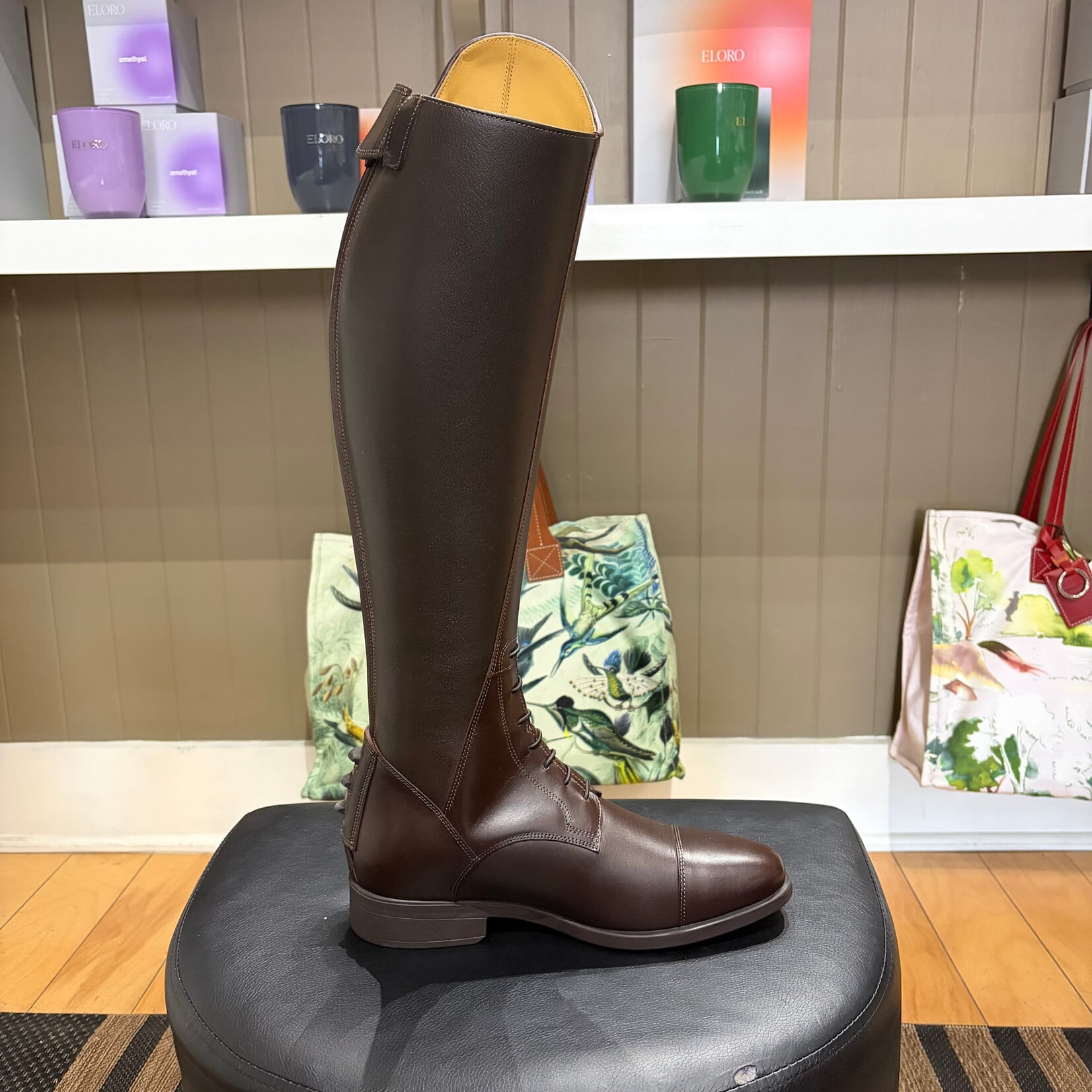 Deniro Boot DeNiro Custom Italo: Leg & Foot in Smooth Brown, Top in Lucidi Nut w/ 3 Crystals in Golden Shadow, Black Sole