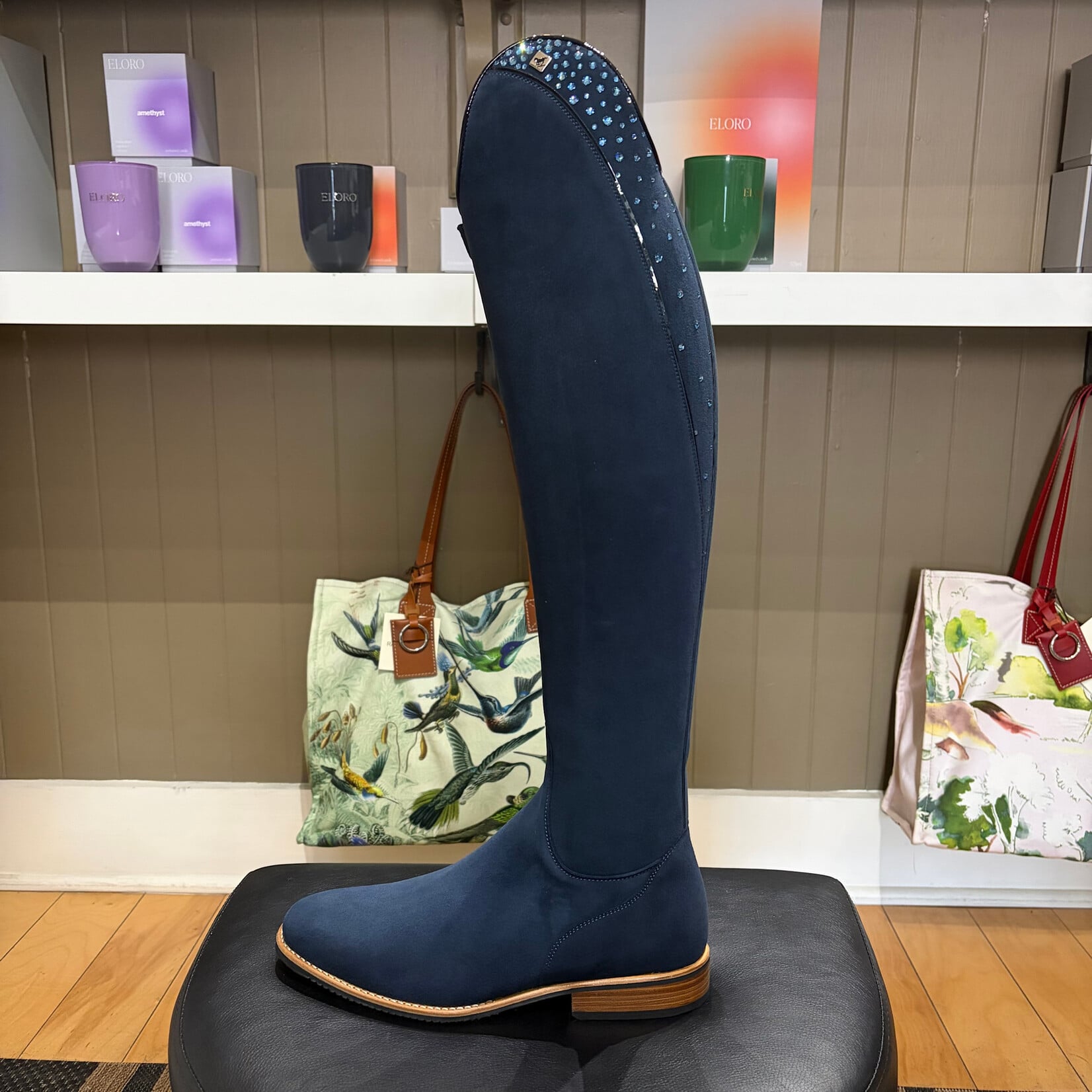 Deniro Boot DeNiro Custom Bellini Dressage Boot: Leg & Foot in Camoscio Blue, Mica Top in Camoscio Blue w/ GGL80 Ice Blue Crystals & Patent Blue Piping On & Around Top & Both Sides of Spine, Natural Sole, Gold DeNiro Emblem