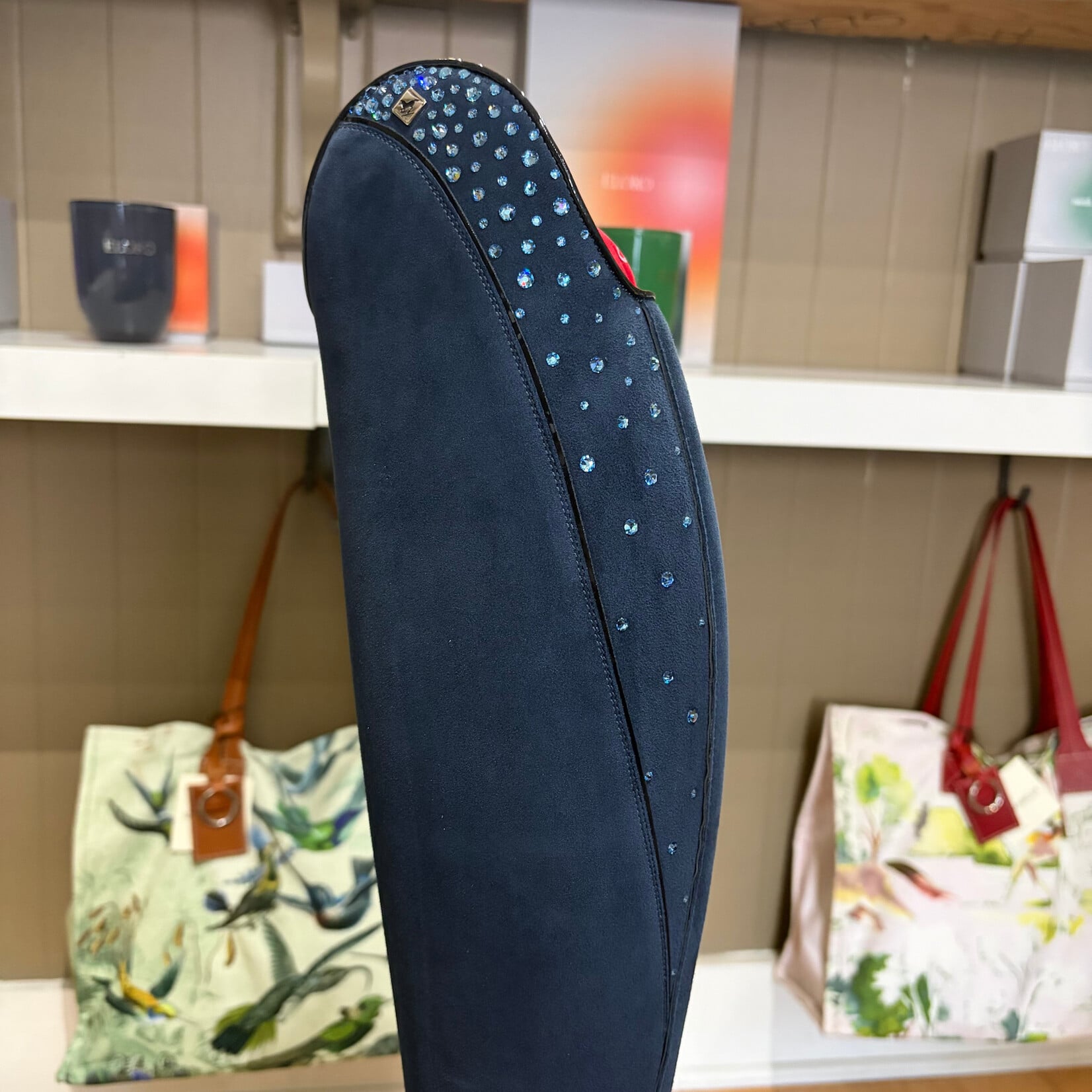 Deniro Boot DeNiro Custom Bellini Dressage Boot: Leg & Foot in Camoscio Blue, Mica Top in Camoscio Blue w/ GGL80 Ice Blue Crystals & Patent Blue Piping On & Around Top & Both Sides of Spine, Natural Sole, Gold DeNiro Emblem