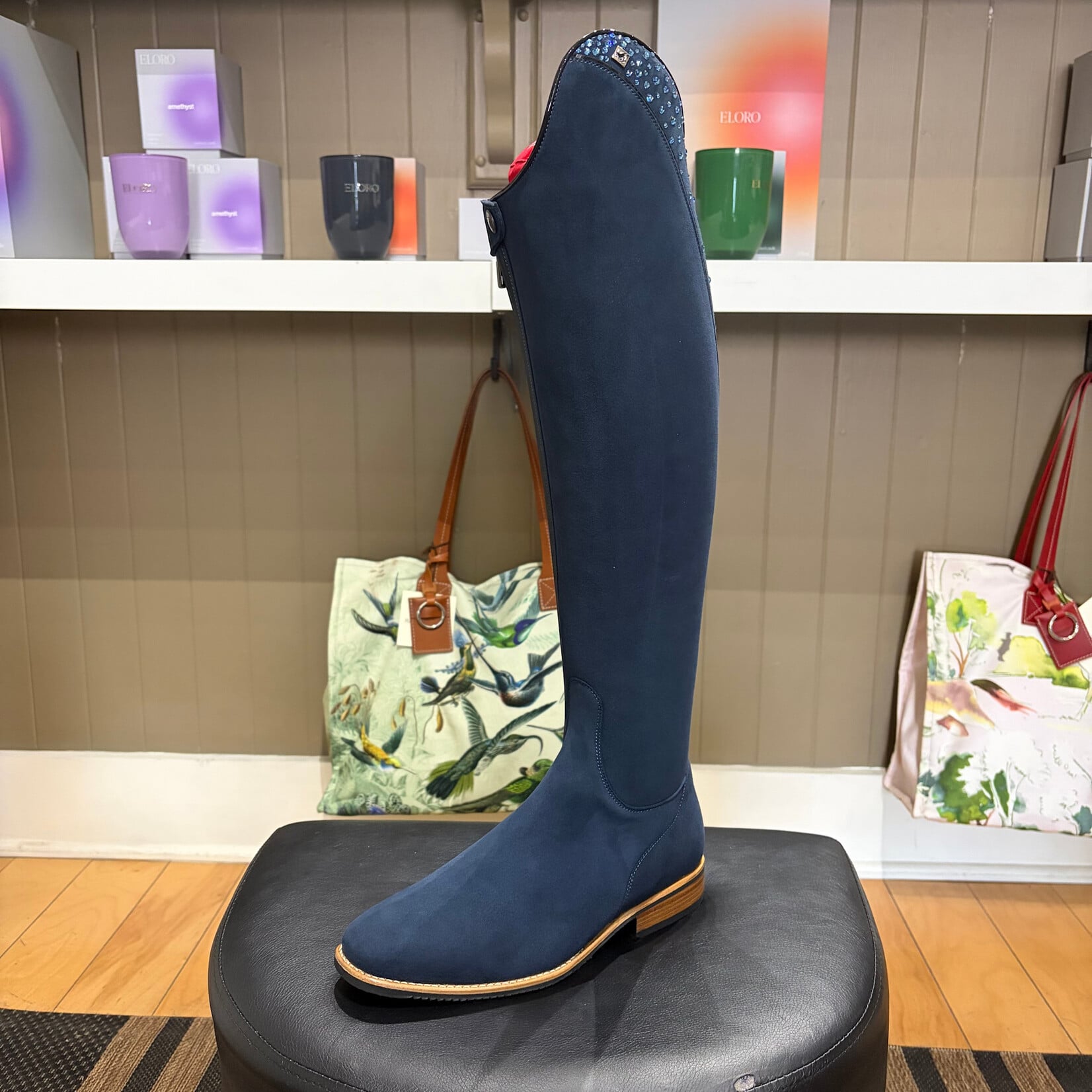 Deniro Boot DeNiro Custom Bellini Dressage Boot: Leg & Foot in Camoscio Blue, Mica Top in Camoscio Blue w/ GGL80 Ice Blue Crystals & Patent Blue Piping On & Around Top & Both Sides of Spine, Natural Sole, Gold DeNiro Emblem