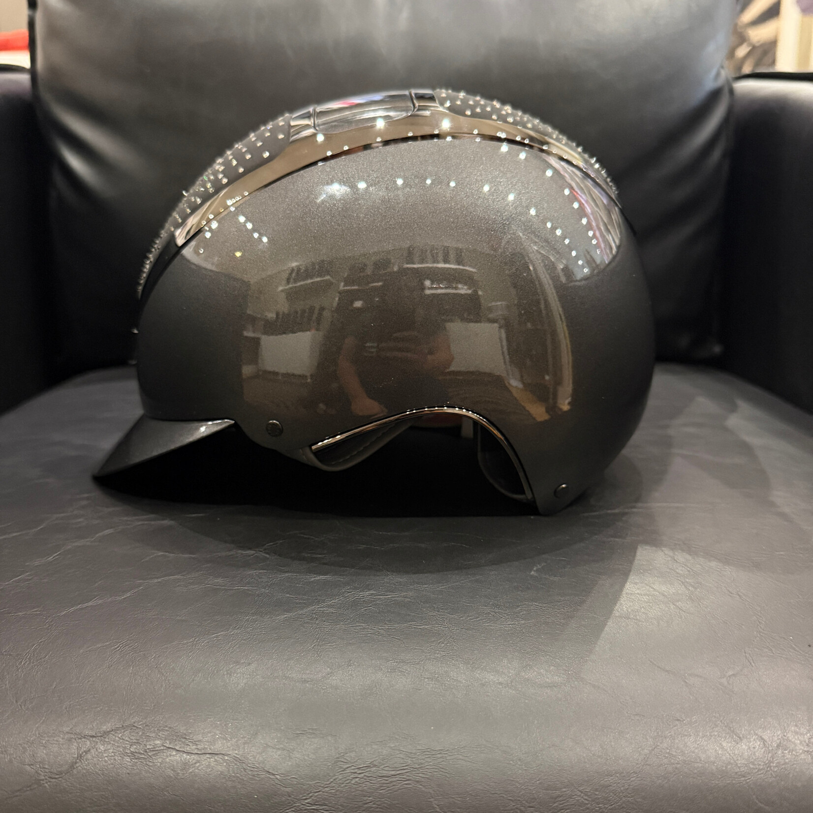 KASK Equestrian CUSTOM Kask WG11 Dogma Pure Shine Chrome Riding Helmet with Swarovski Waterfence Tonal Crystals- Sold as a kit with coordinating liner (sold separately)- SPECIAL ORDER ONLY