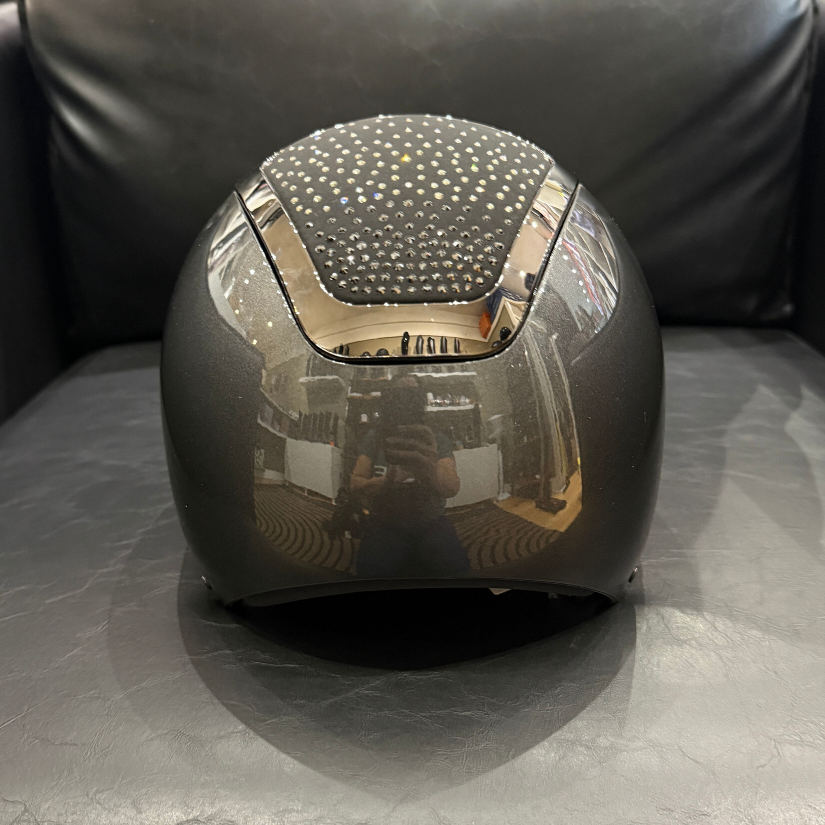 KASK Equestrian CUSTOM Kask WG11 Dogma Pure Shine Chrome Riding Helmet with Swarovski Waterfence Tonal Crystals- Sold as a kit with coordinating liner (sold separately)- SPECIAL ORDER ONLY